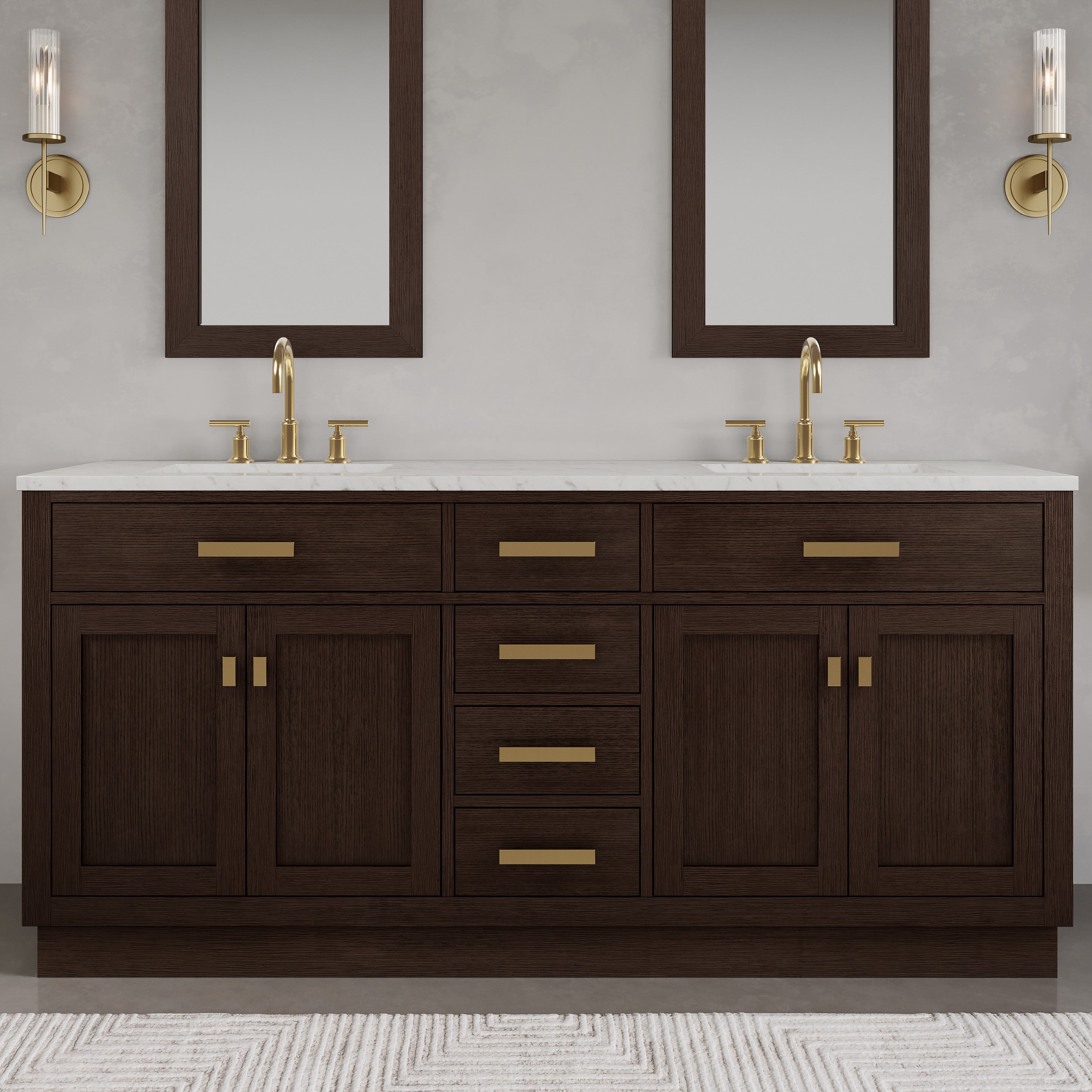 Kingston Luxe CH72CW06BK - 72 in. x 21.5 in. Bathroom Vanity Marble Top and White Basin, Brown Oak