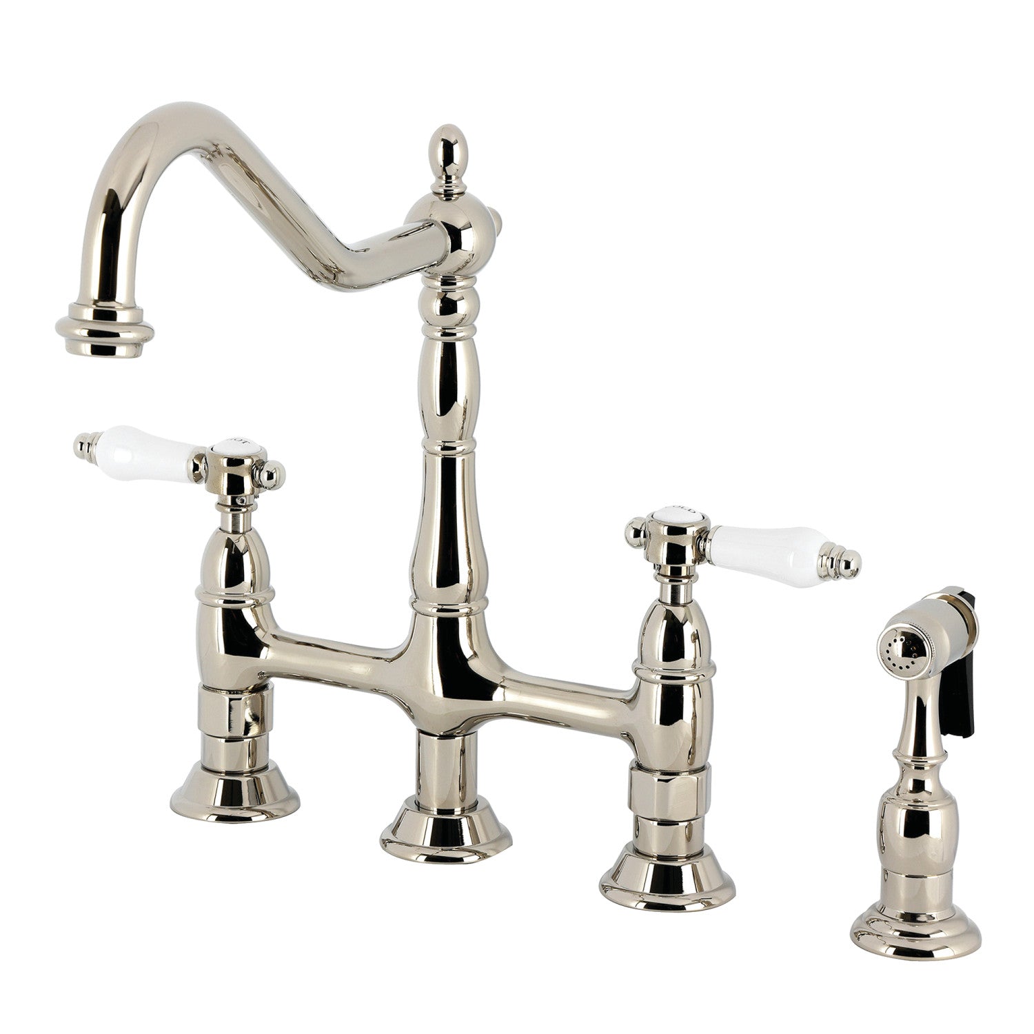 Kingston Heirloom KS1276BPLBS - Robinet de cuisine Bel-Air à deux poignées 4 trous montage sur plage Bridge avec pulvérisateur en laiton, nickel poli