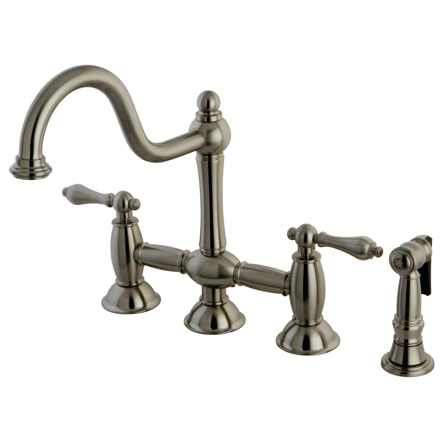 Kingston Heirloom KS3798ALBS - Robinet de cuisine à deux poignées de restauration 4 trous montage sur plage Bridge avec pulvérisateur en laiton, nickel brossé