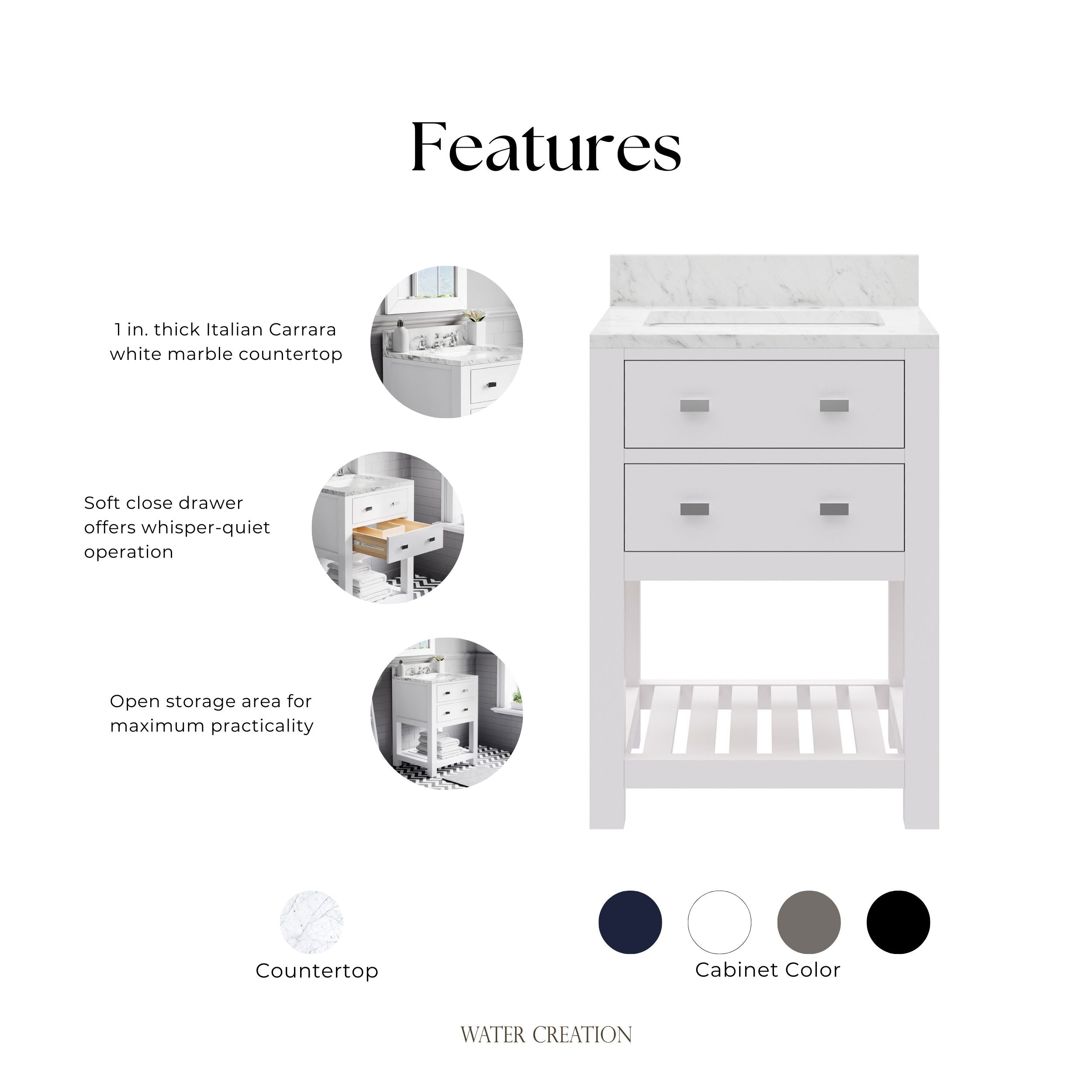 Kingston Luxe MA24CW01PW - 24 in. x 21.5 in. Bathroom Vanity Carrara White Marble Top, Carrara White