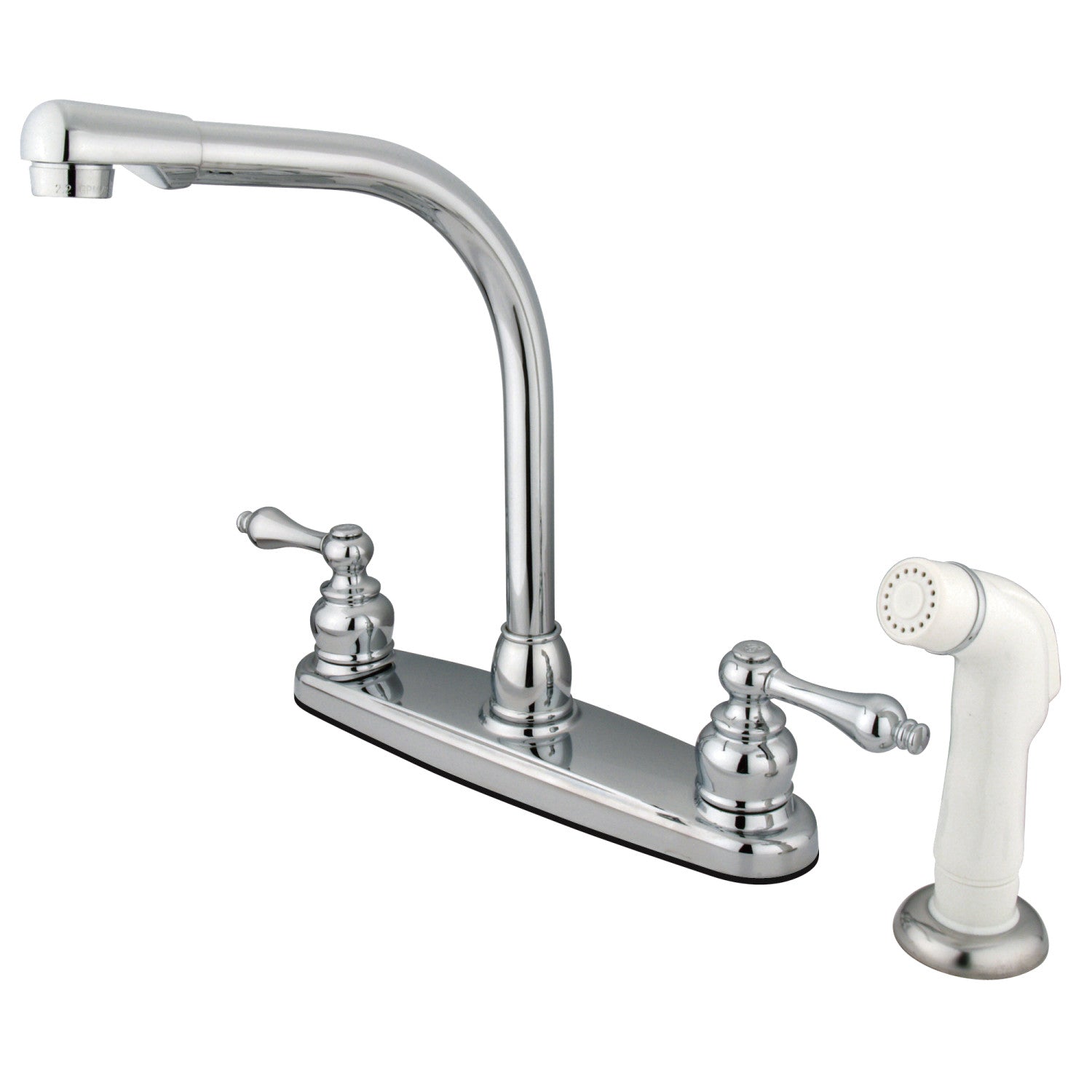 Kingston Tulare KB711AL - Robinet de cuisine central à deux poignées victorienne 4 trous 8" avec pulvérisateur latéral, chrome poli