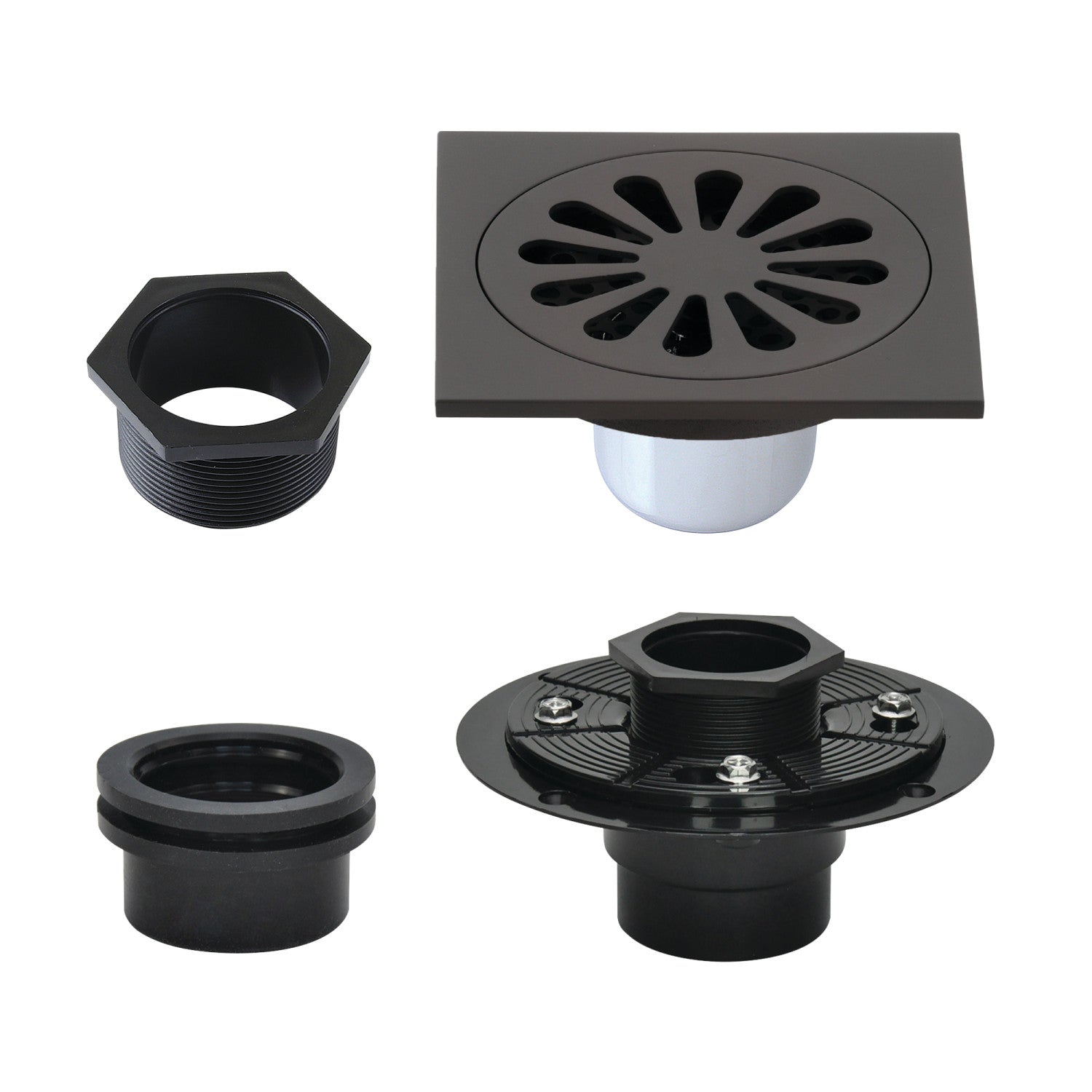 Kingston Watercourse BSFK4161ORB 4-Inch Brass Square Grid Shower Drain with Hair Strainer and Base Flange, Oil Rubbed Bronze