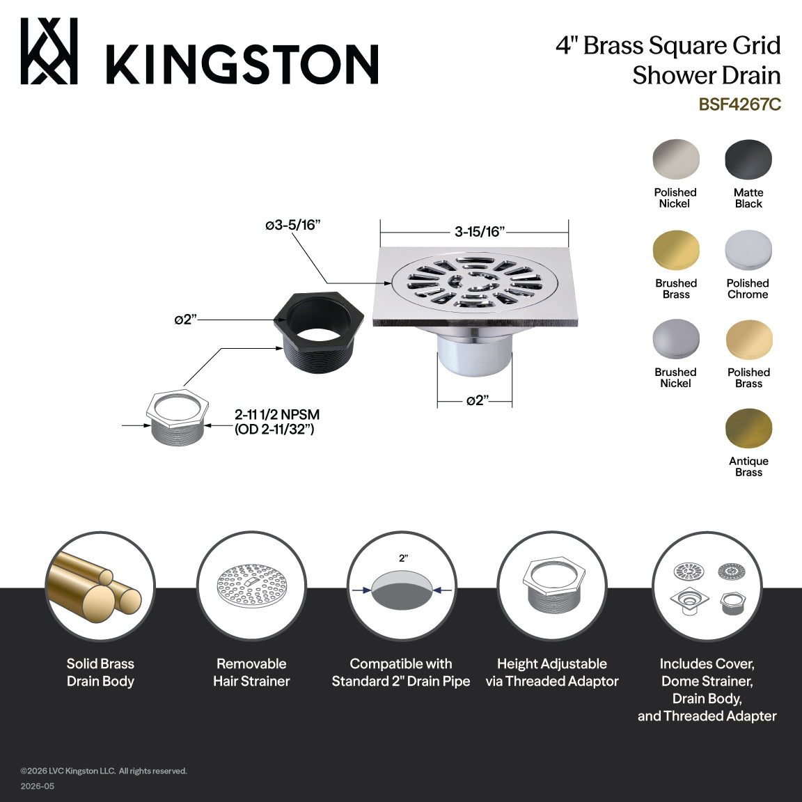Kingston Watercourse BSF4267PN 4-Inch Brass Square Grid Shower Drain with Hair Strainer, Polished Nickel