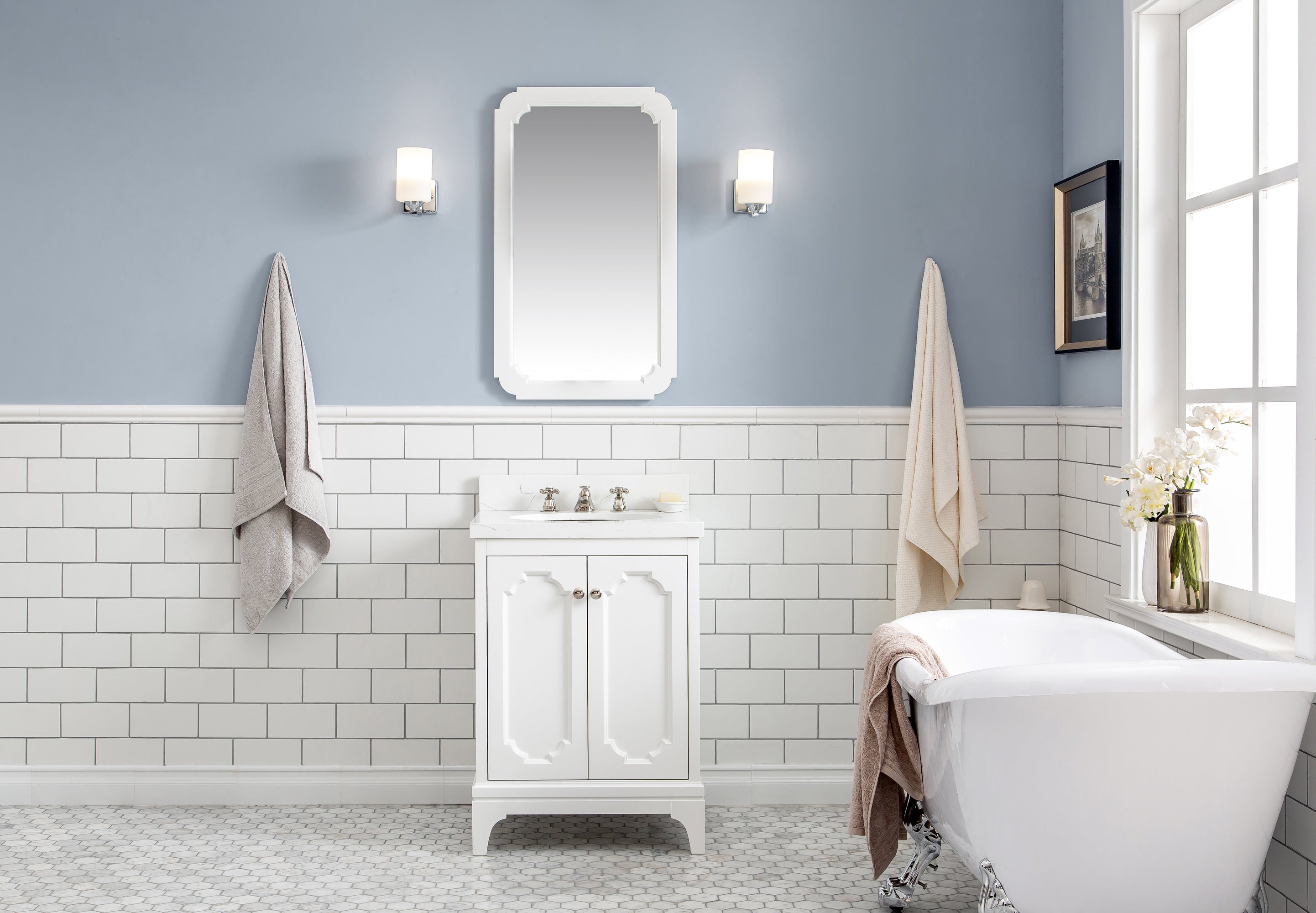 Kingston Luxe QU24QZ05PW - 24 in. x 22 in. Bathroom Vanity Quartz Carrara Top and White Ceramic Basins, Pure White