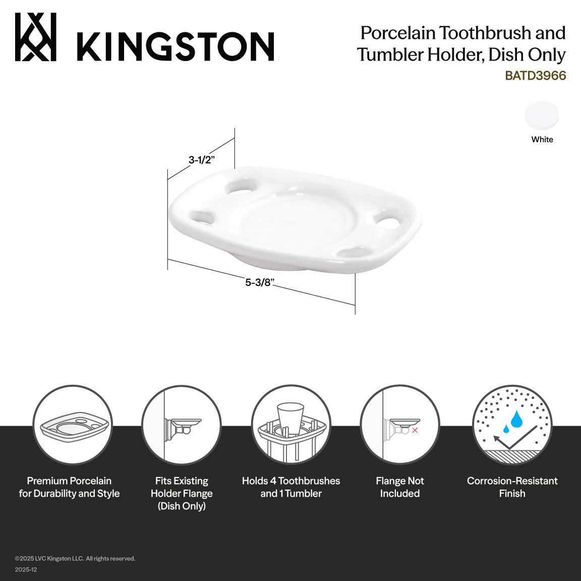 Kingston BATD3966 Toothbrush and Tumbler Holder Dish Only, White