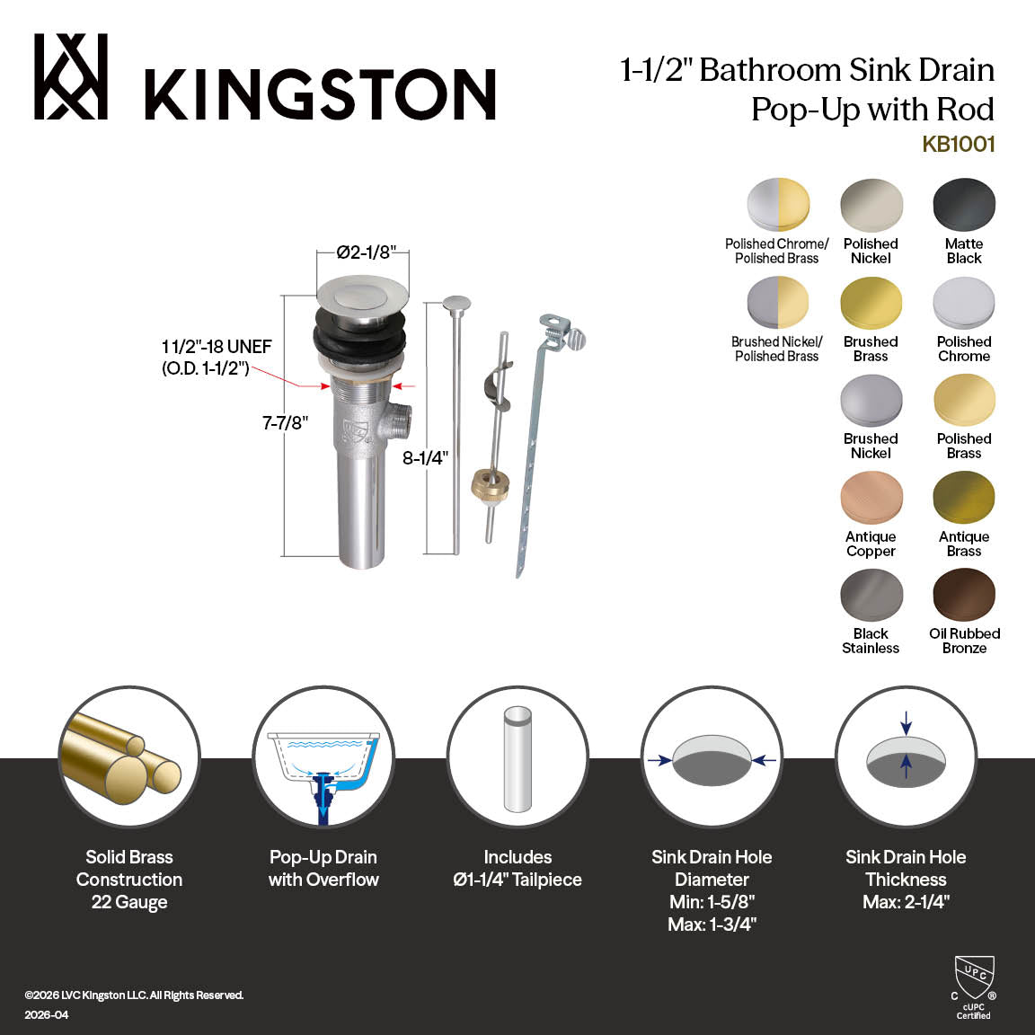 Kingston Trimscape KB1005 Brass Pop-Up Bathroom Sink Drain with Overflow, 22 Gauge, Oil Rubbed Bronze