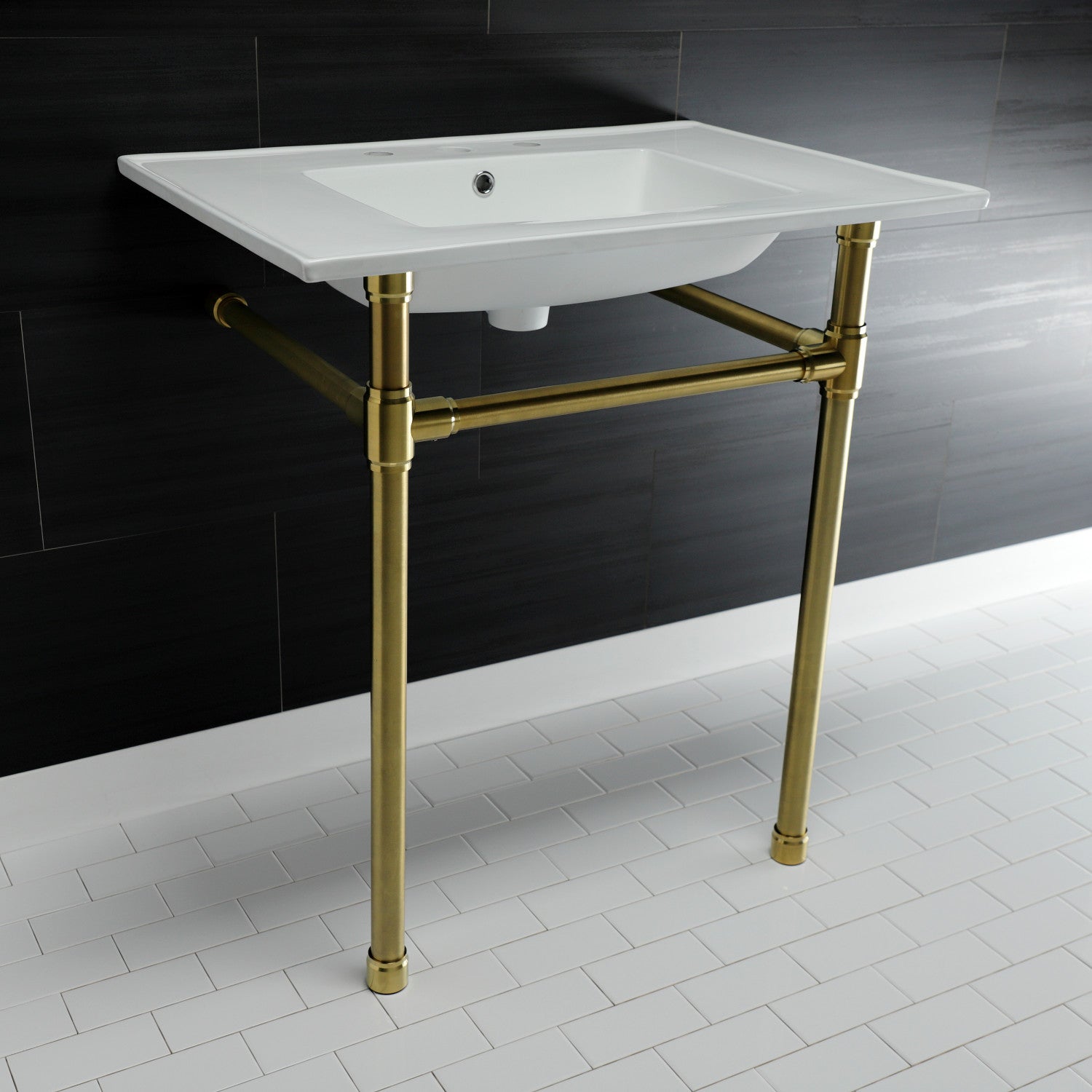 Kingston Tulare KVPB31227W87 - Dreyfuss 31-Inch Ceramic Console Sink with Stainless Steel Legs (8-Inch, 3-Hole), White/Brushed Brass