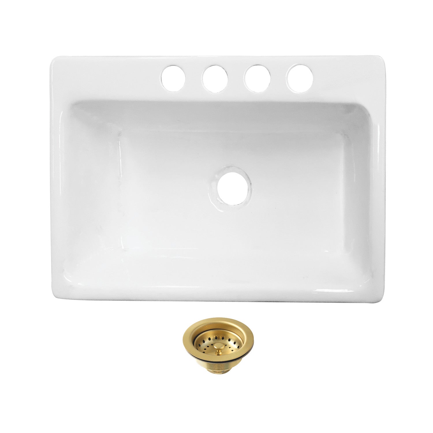 Kingston Tulare KGCKUS332297 - Towne 33-Inch Cast Iron Single Bowl Undermount Kitchen Sink (4-Hole) with Strainer, White/Brushed Brass
