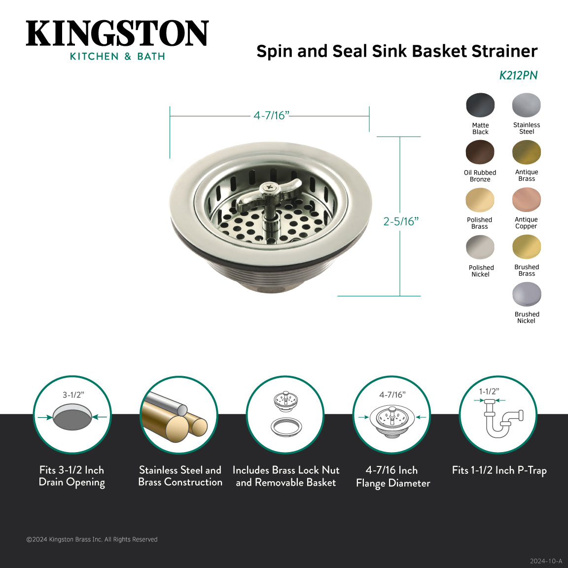 Kingston Tacoma K212PB 3-1/2 Inch Kitchen Sink Basket Strainer Only, Polished Brass