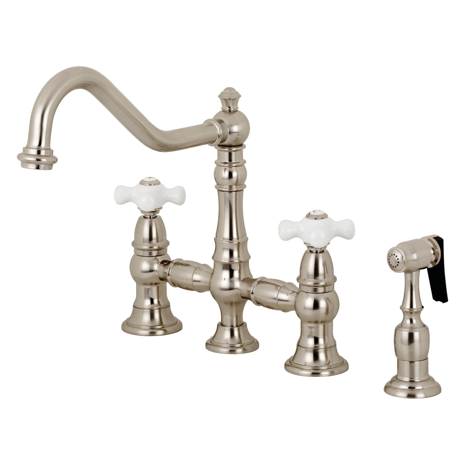 Kingston Heirloom KS3278PXBS - Robinet de cuisine à deux poignées de restauration 4 trous montage sur plage Bridge avec pulvérisateur en laiton, nickel brossé