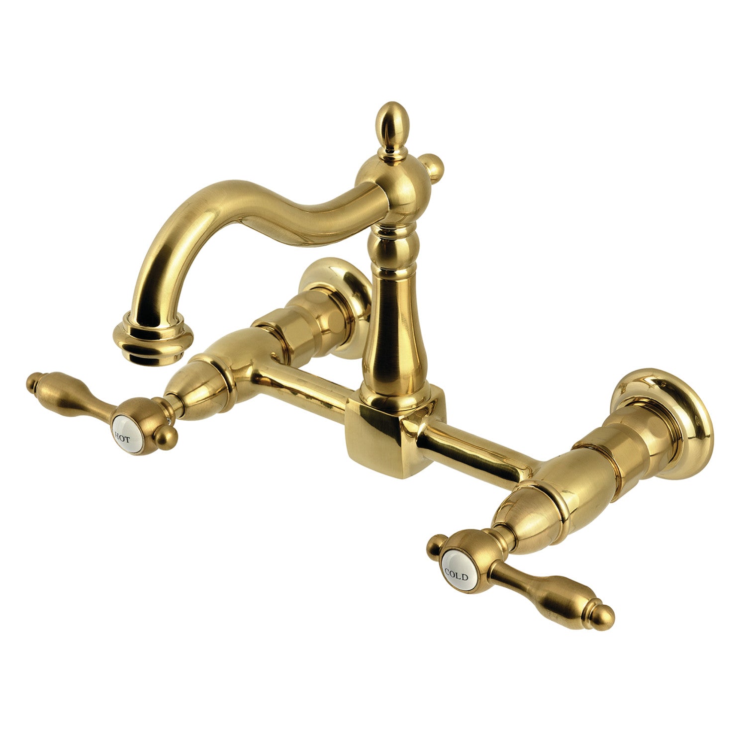 Kingston Heirloom KS1267TAL - Robinet de cuisine à deux poignées Tudor 2 trous Wall Mount Bridge, laiton brossé
