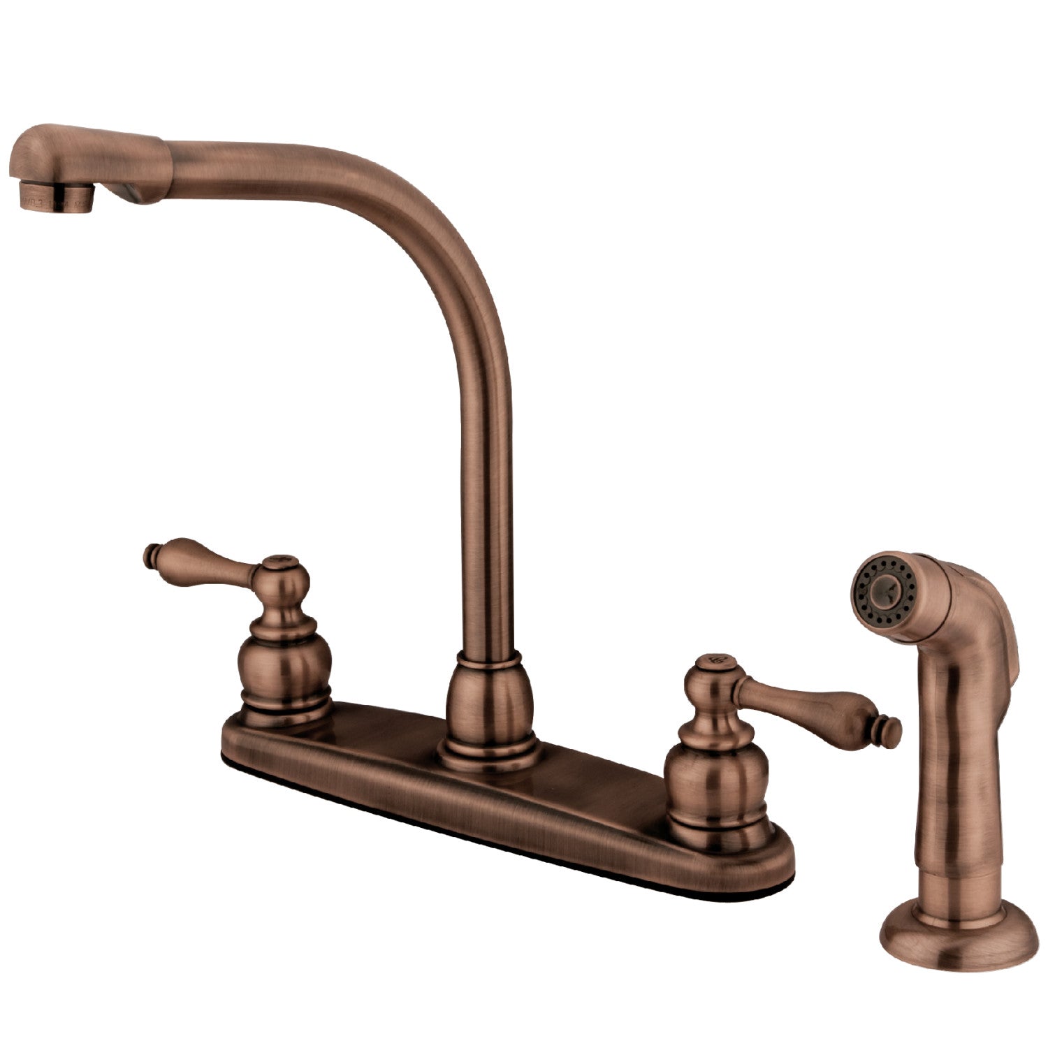 Kingston Tulare KB716ALSP - Victorian à deux poignées 4 trous 8" Centerset Robinet de cuisine avec pulvérisateur latéral, cuivre antique
