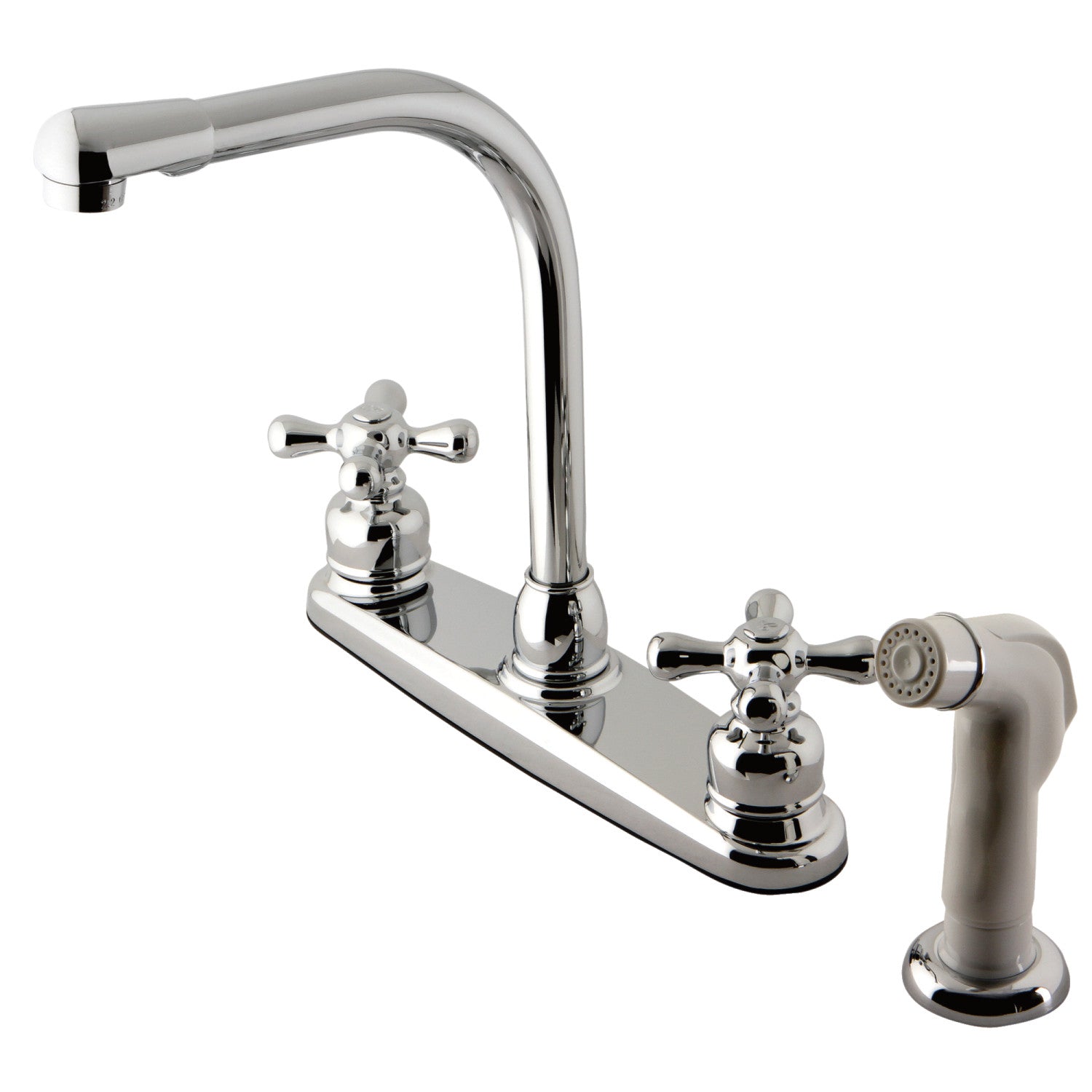Kingston Tulare KB711AX - Robinet de cuisine central à deux poignées victorienne 4 trous 8" avec pulvérisateur latéral, chrome poli