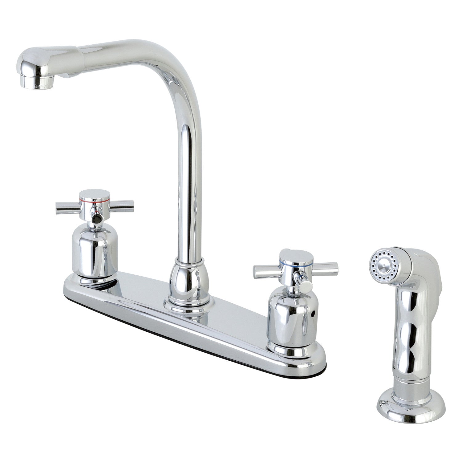 Kingston Tulare FB751DXSP - Robinet de cuisine central à deux poignées Concord 4 trous 8" avec pulvérisateur latéral, chrome poli