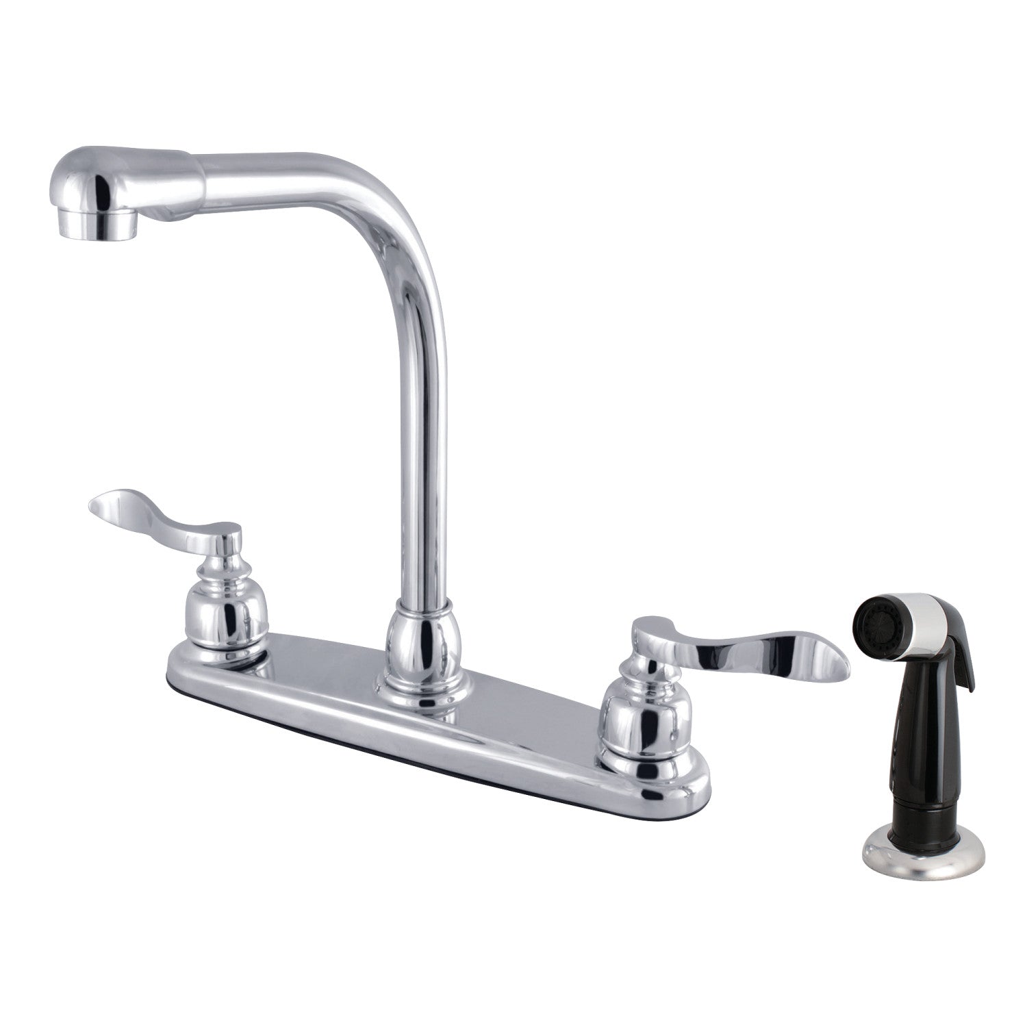 Kingston NuWave French FB751NFL Robinet de cuisine à deux poignées 4 trous 8" avec pulvérisateur latéral, chrome poli