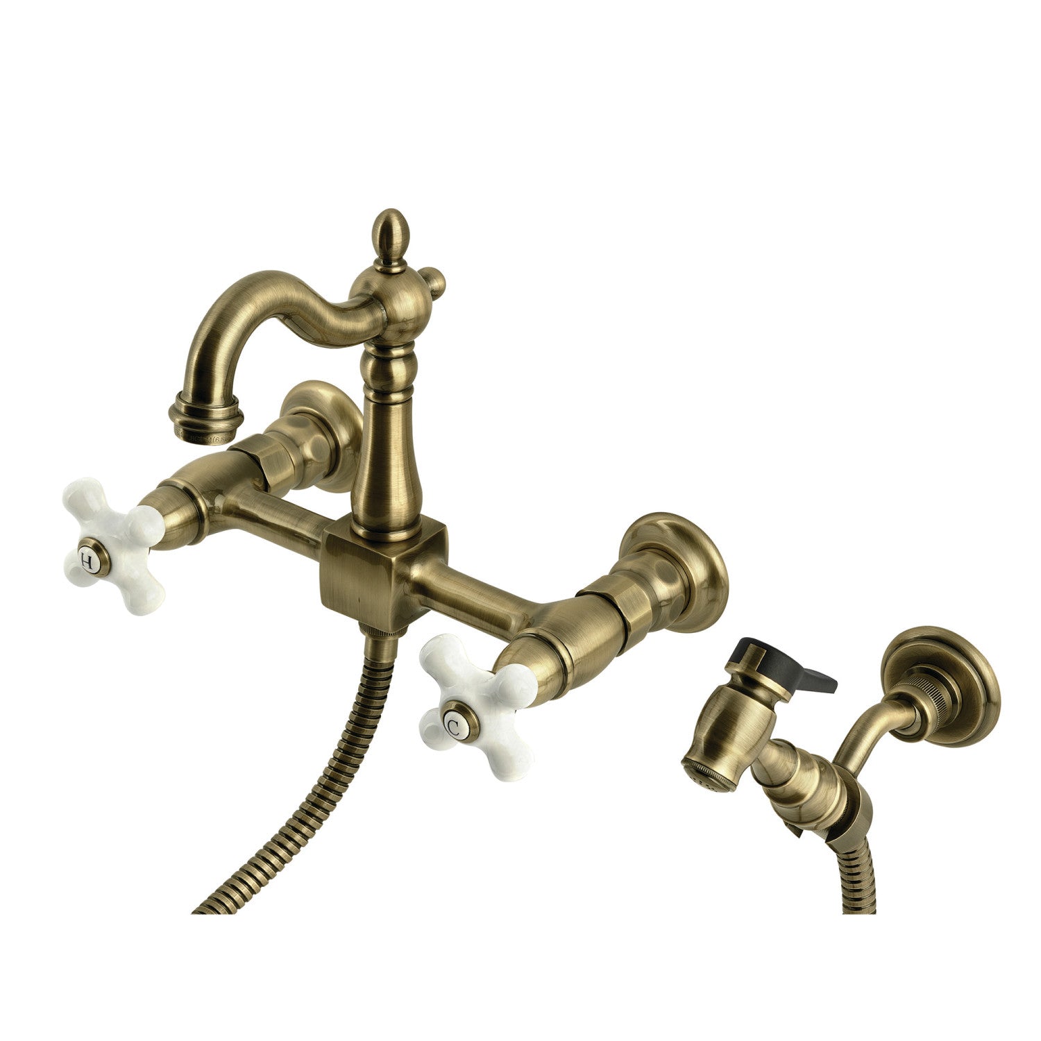Kingston Heirloom KS2443PXBS - Robinet de cuisine à double poignée Heritage 3 trous Wall Mount Bridge avec pulvérisateur en laiton, laiton antique
