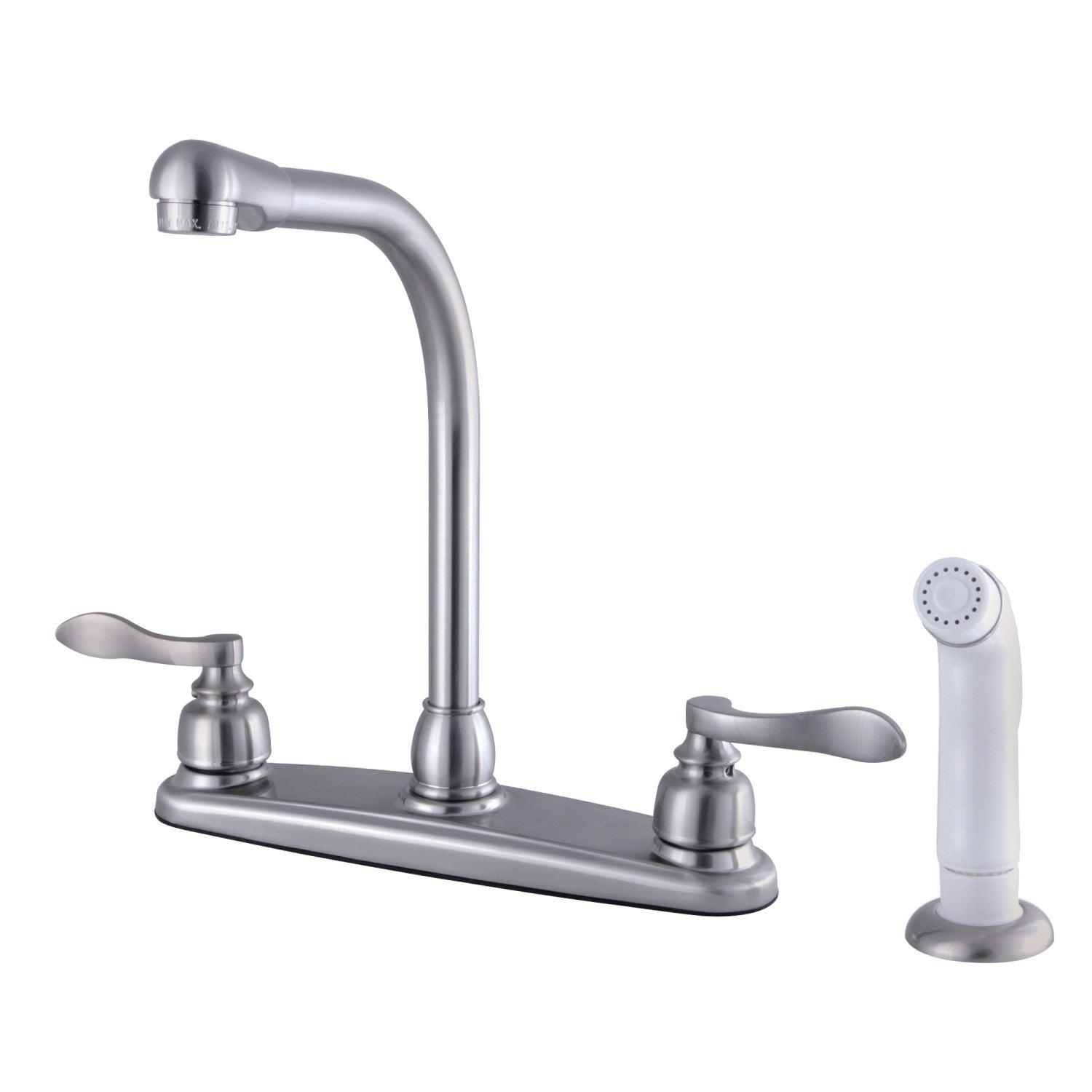 Kingston Tulare FB758NFLSP - NuWave Robinet de cuisine à deux poignées français 4 trous 8" avec pulvérisateur latéral, nickel brossé