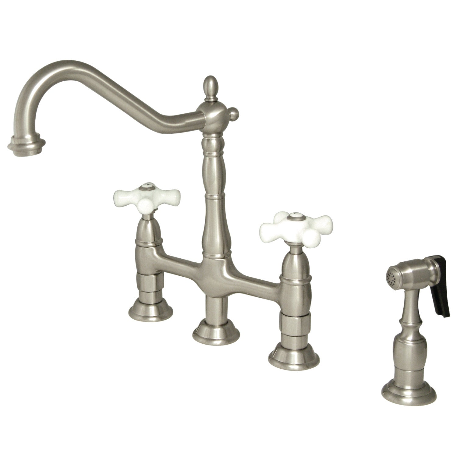 Kingston Heirloom KS1278PXBS - Robinet de cuisine à deux poignées Heritage 4 trous montage sur plage Bridge avec pulvérisateur en laiton, nickel brossé