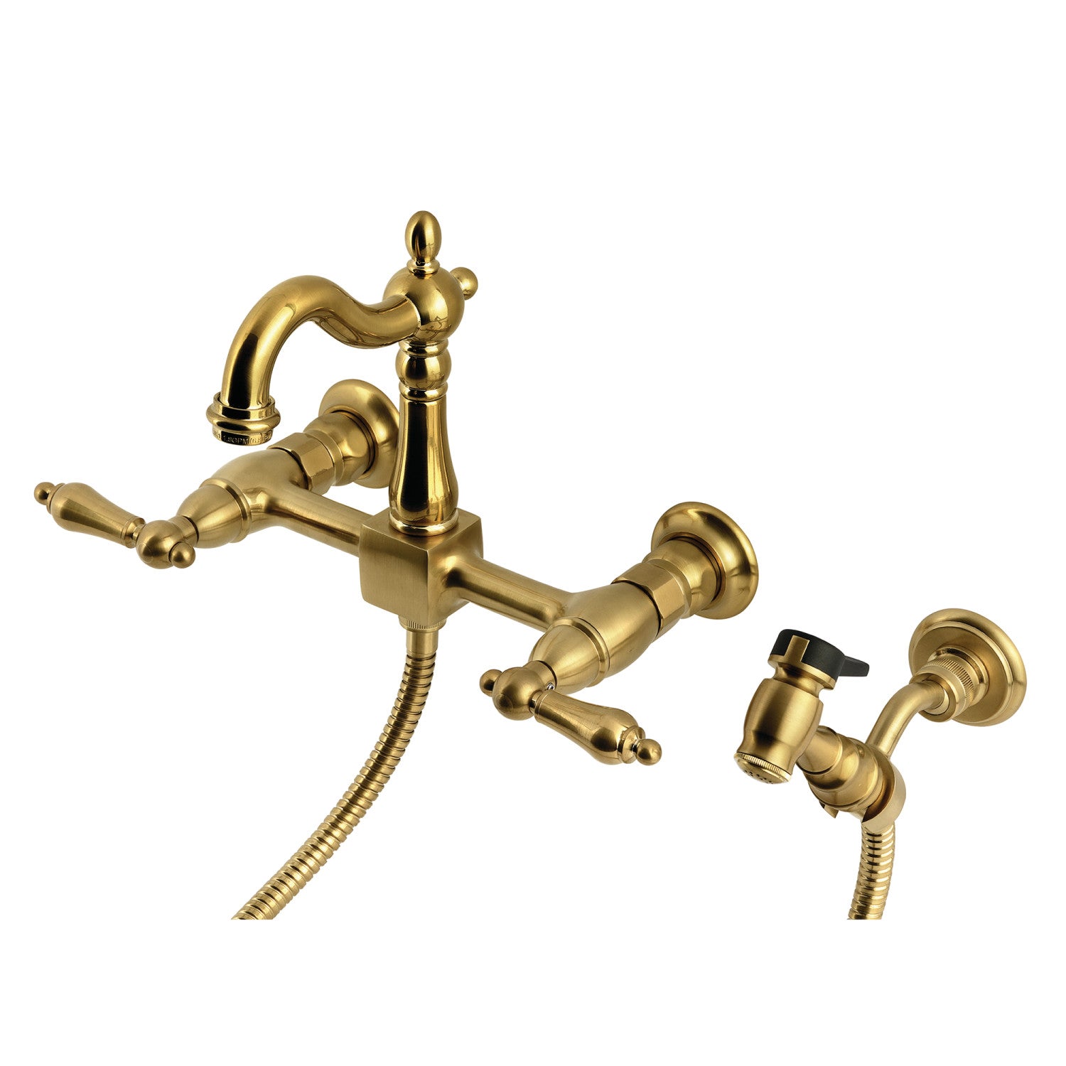 Kingston Heirloom KS2447ALBS - Robinet de cuisine à deux poignées Heritage 3 trous Wall Mount Bridge avec pulvérisateur en laiton, laiton brossé