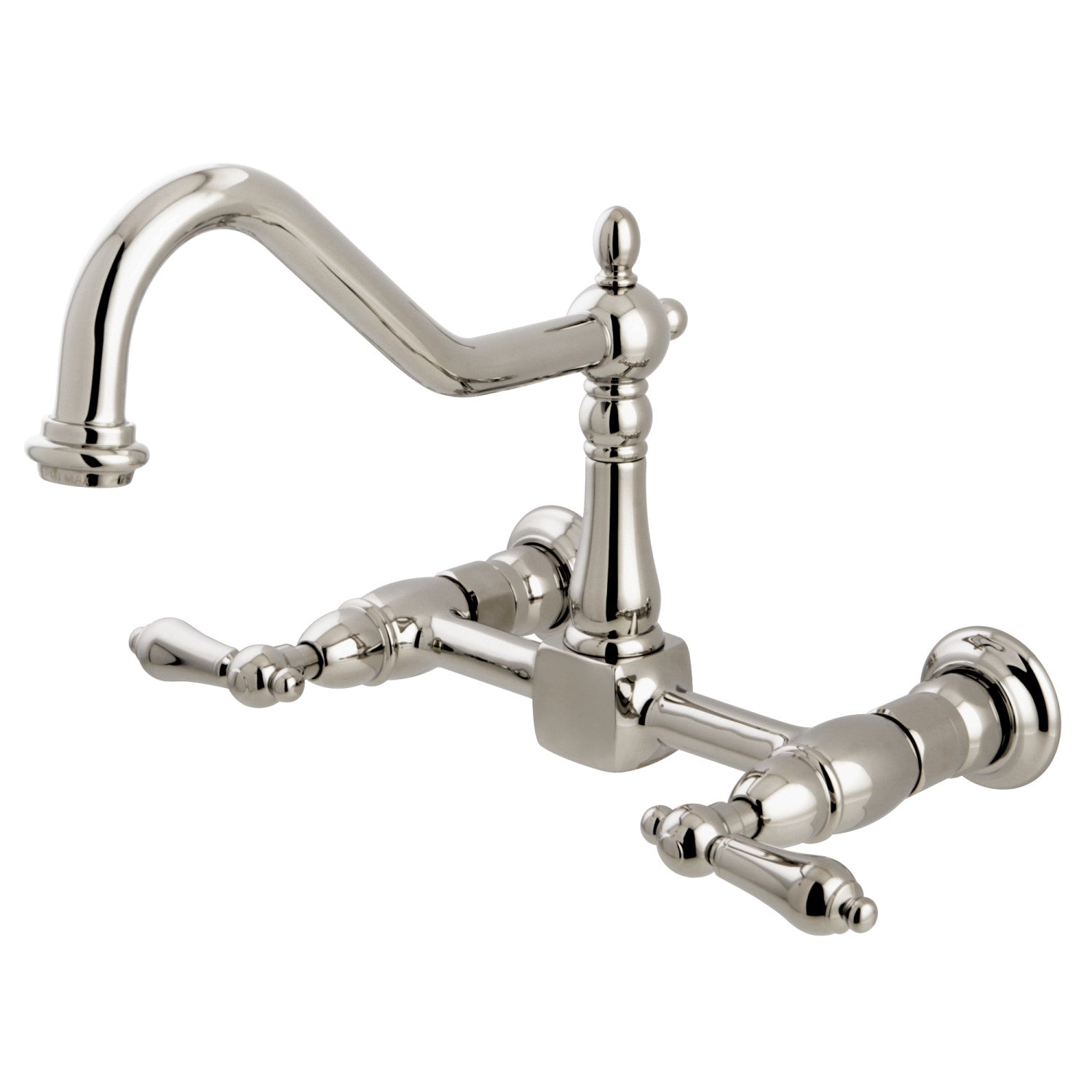 Kingston Heirloom KS1246AL - Robinet de cuisine à deux poignées Heritage 2 trous Wall Mount Bridge, nickel poli