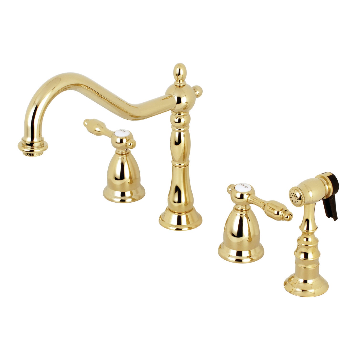 Kingston Heirloom KS1792TALBS - Robinet de cuisine à double poignée Tudor 4 trous avec pulvérisateur en laiton, laiton poli