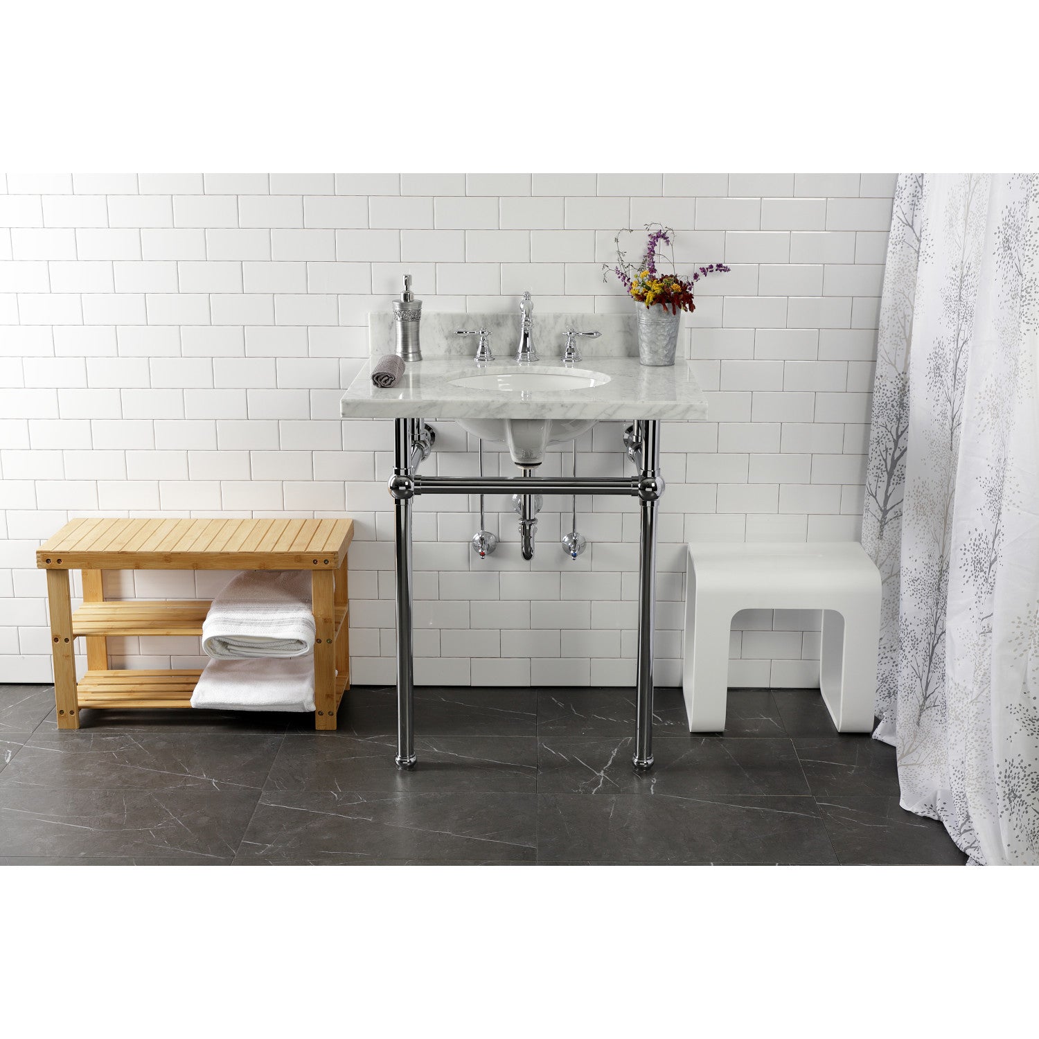 Kingston Heirloom KVPB30MB1 - Templeton 30-Inch Carrara Marble Vanity Top with Brass Legs (8-Inch, 3-Hole), Carrara Marble White/Polished Chrome