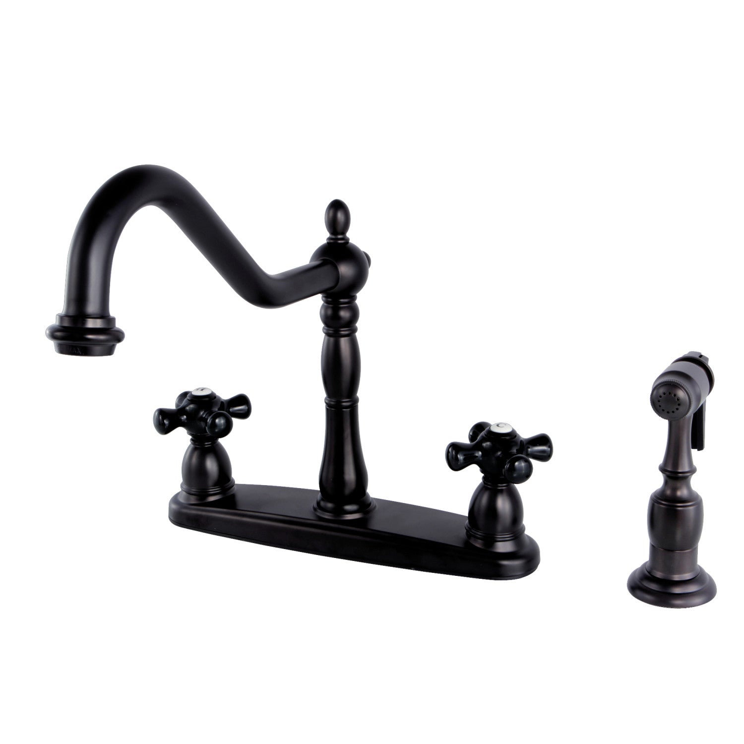 Kingston Heirloom KB1755PKXBS - Robinet de cuisine central à deux poignées 4 trous 8" avec pulvérisateur en laiton, bronze frotté à l'huile