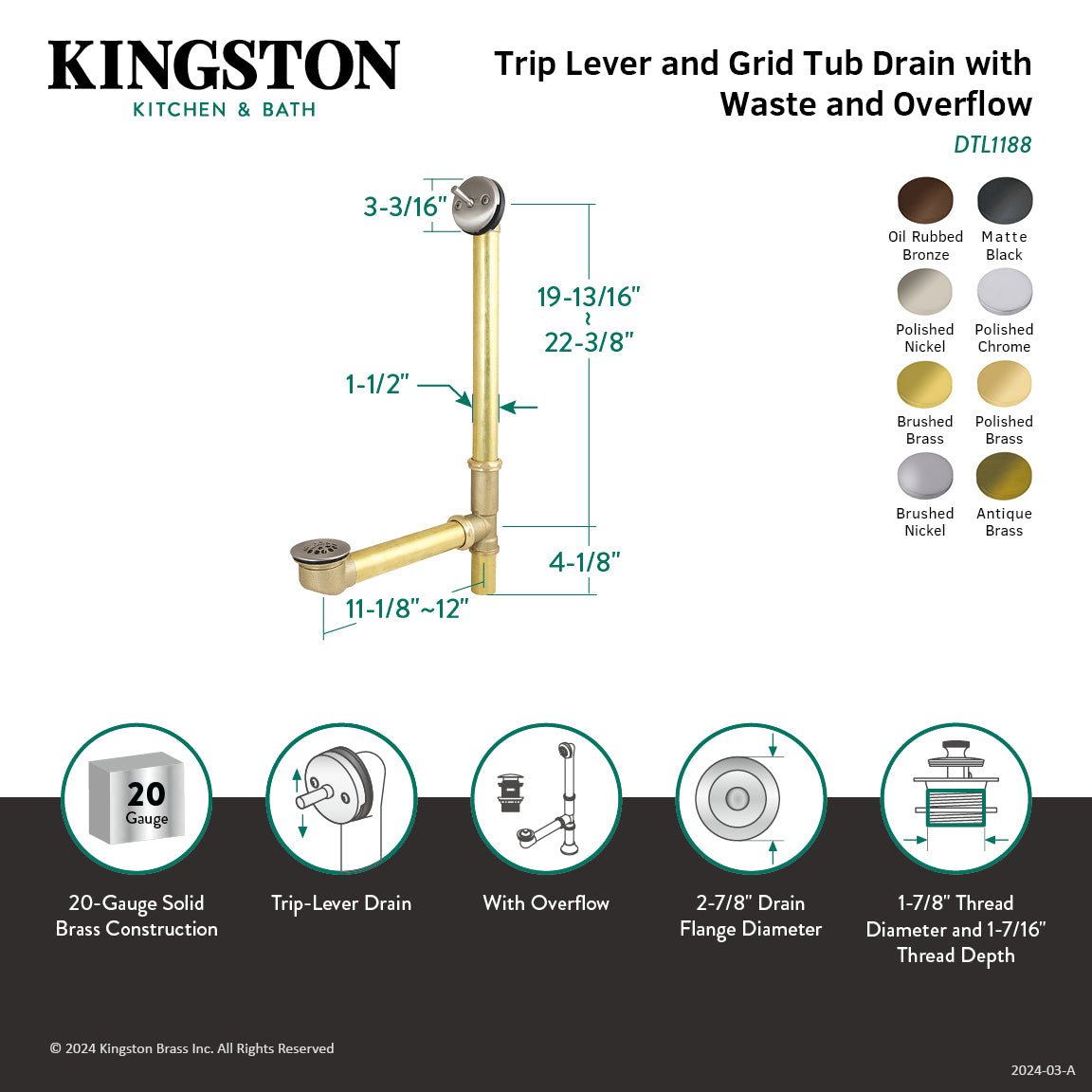Kingston Tulare DTL1188 - Made To Match 23-Inch Brass Trip Lever Tub Waste and Overflow with Grid Strainer, Brushed Nickel