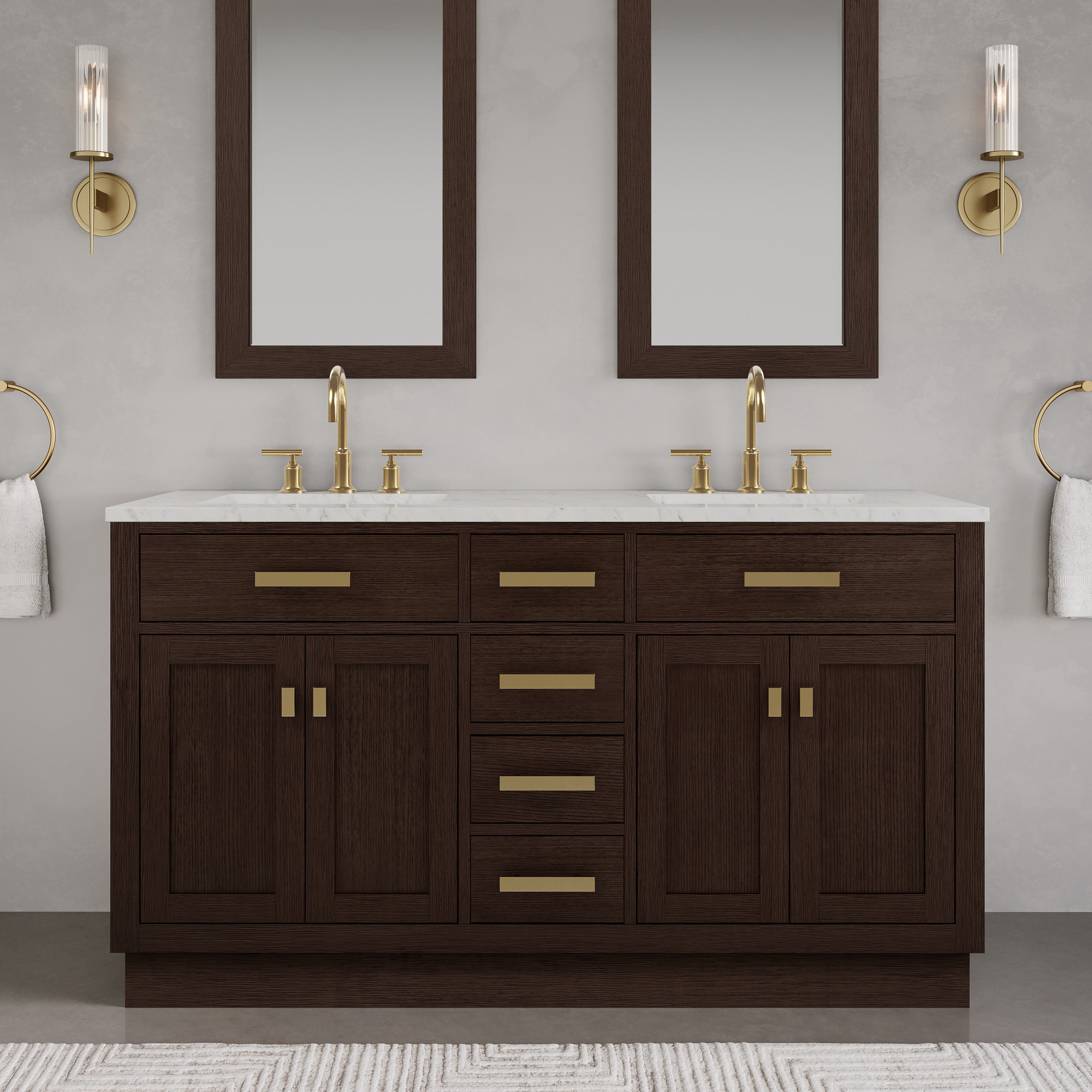 Kingston Luxe CH60CW06BK - 60 in. x 21.5 in. Bathroom Vanity Marble Top and White Basin, Brown Oak