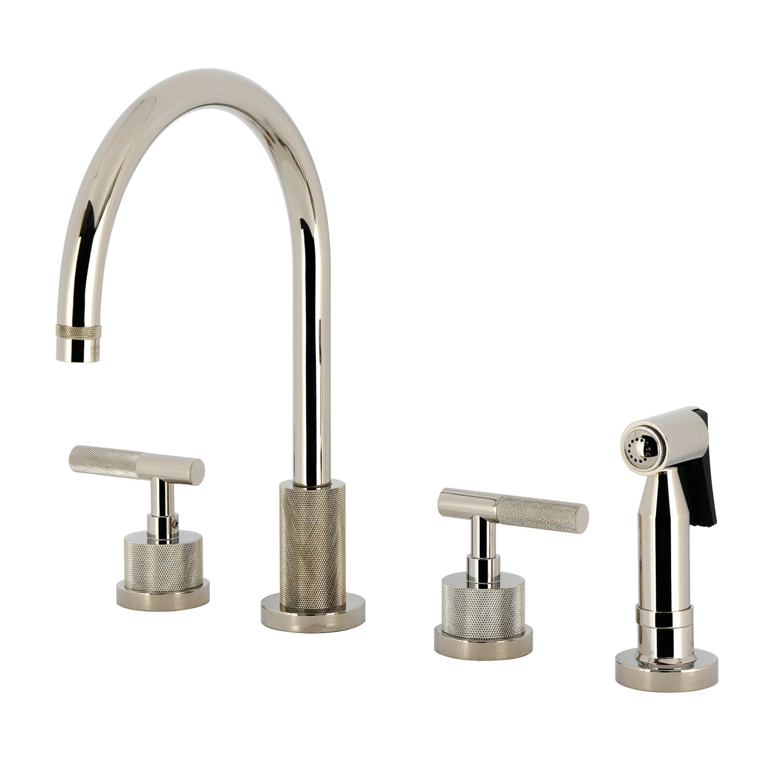 Kingston Sona KS8726KNLBS - Robinet de cuisine à double poignée convergente 4 trous avec poignée moletée 4 trous et pulvérisateur en laiton, nickel poli