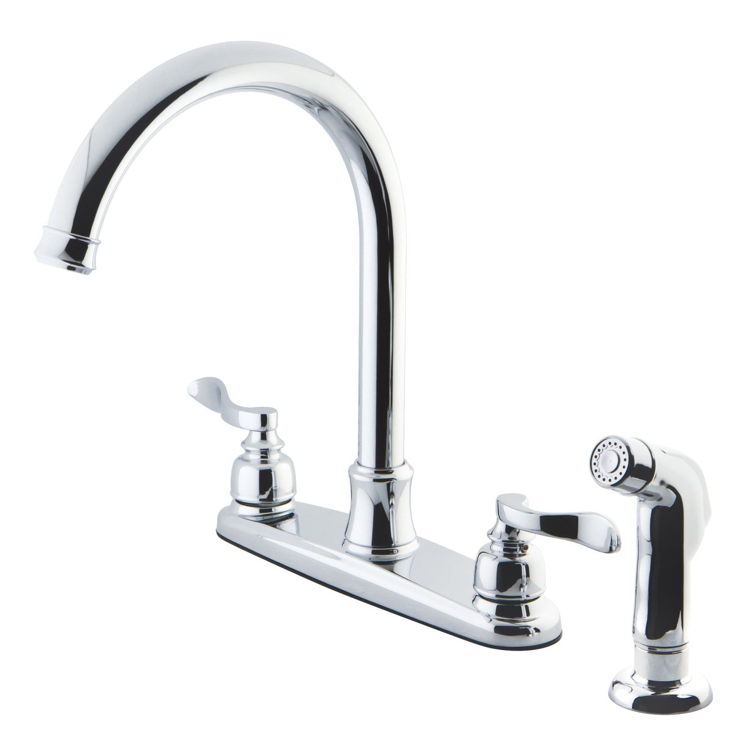 Kingston Tulare FB7791NFLSP - NuWave Robinet de cuisine à deux poignées français 4 trous 8" avec pulvérisateur latéral, chrome poli