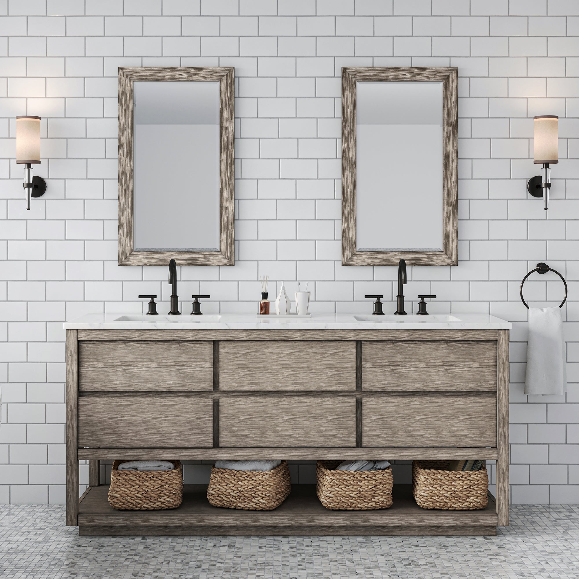 Kingston Luxe OA72CW00GK - 72 in. x 22 in. Bathroom Vanity Marble Top and White Basin, Grey Oak