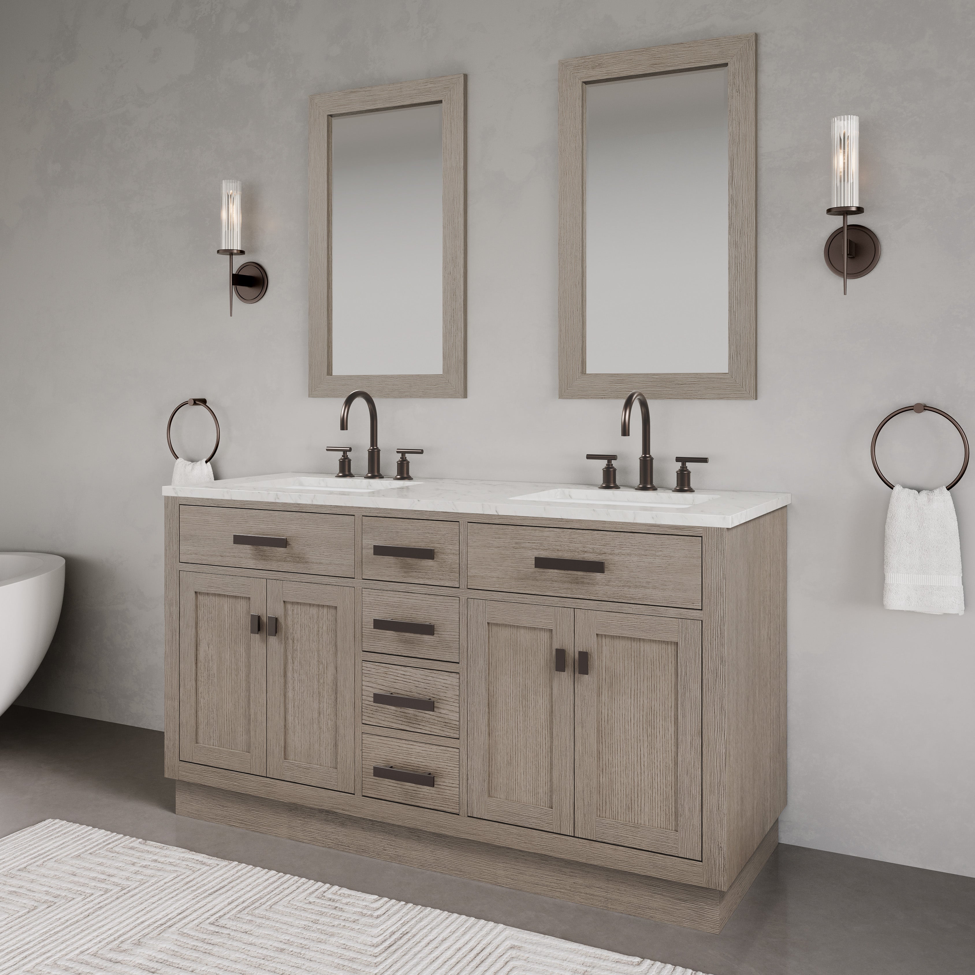 Kingston Luxe CH60CW03GK - 60 in. x 21.5 in. Bathroom Vanity Marble Top and White Basin, Grey Oak