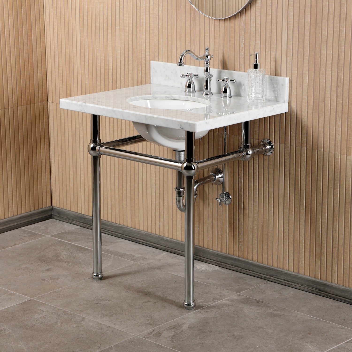 Kingston Heirloom CKVPB3030MB1 - Templeton 30-Inch Évier de console en marbre de Carrare avec robinet de salle de bain et kit de garniture de plomberie (8-Inch, 3 trous), Carrare marbre blanc/chrome poli