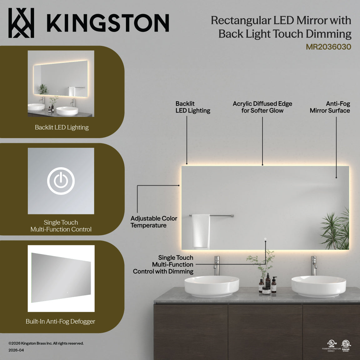 Kingston Aurora MR2036030 30-Inch x 60-Inch LED Bathroom Mirror, Back Light, Anti-Fog, Dimmable Touch Sensor Lighted Mirror, Silver