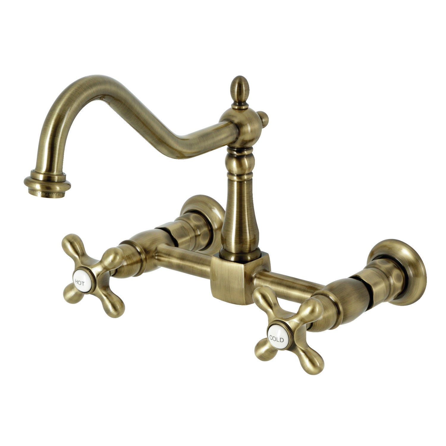 Kingston Heirloom KS1243AX - Robinet de cuisine à deux poignées Heritage 2 trous Wall Mount Bridge, laiton antique