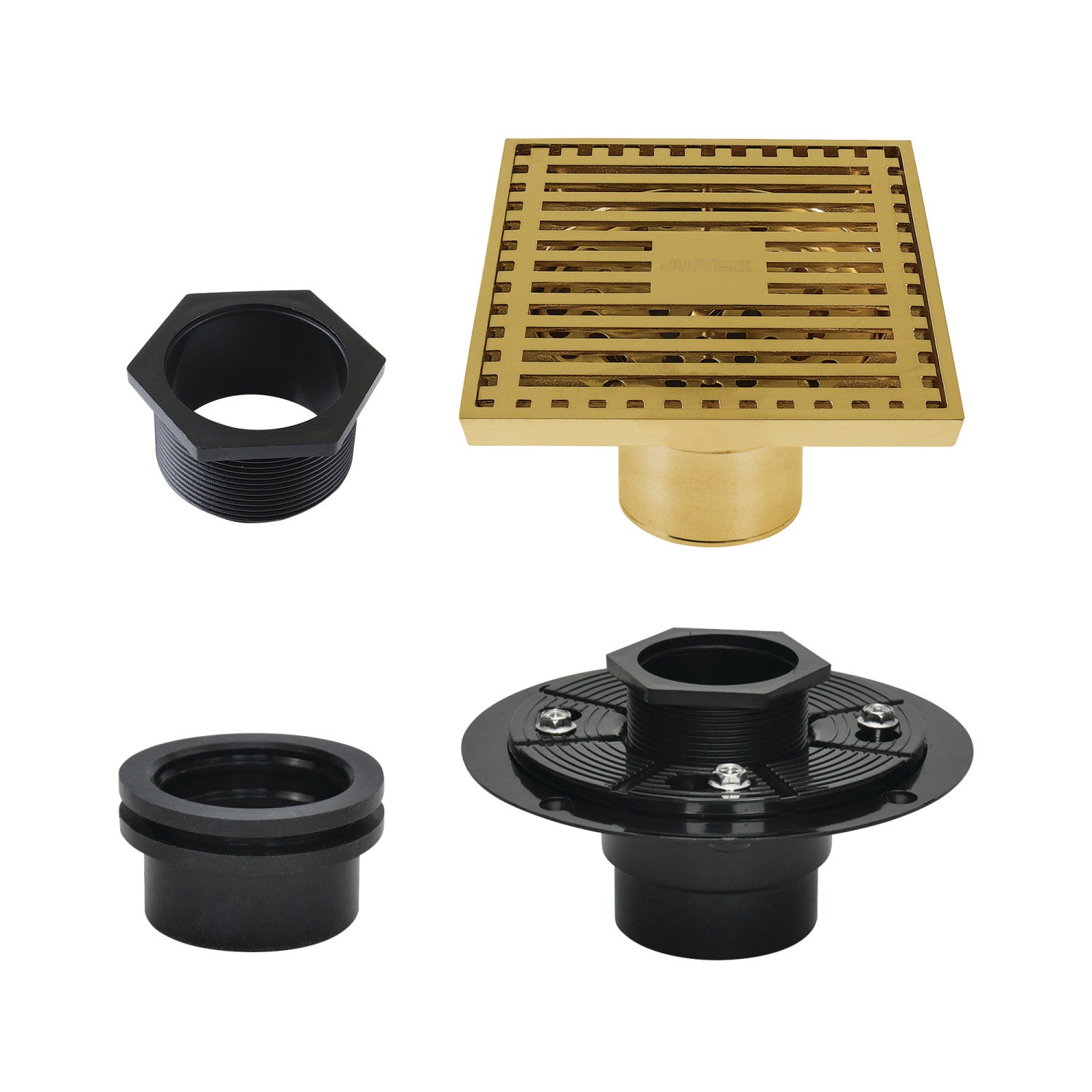 Kingston Watercourse BSFK4464BB 4-Inch Brass Square Grid Shower Drain with Hair Strainer and Base Flange, Brushed Brass