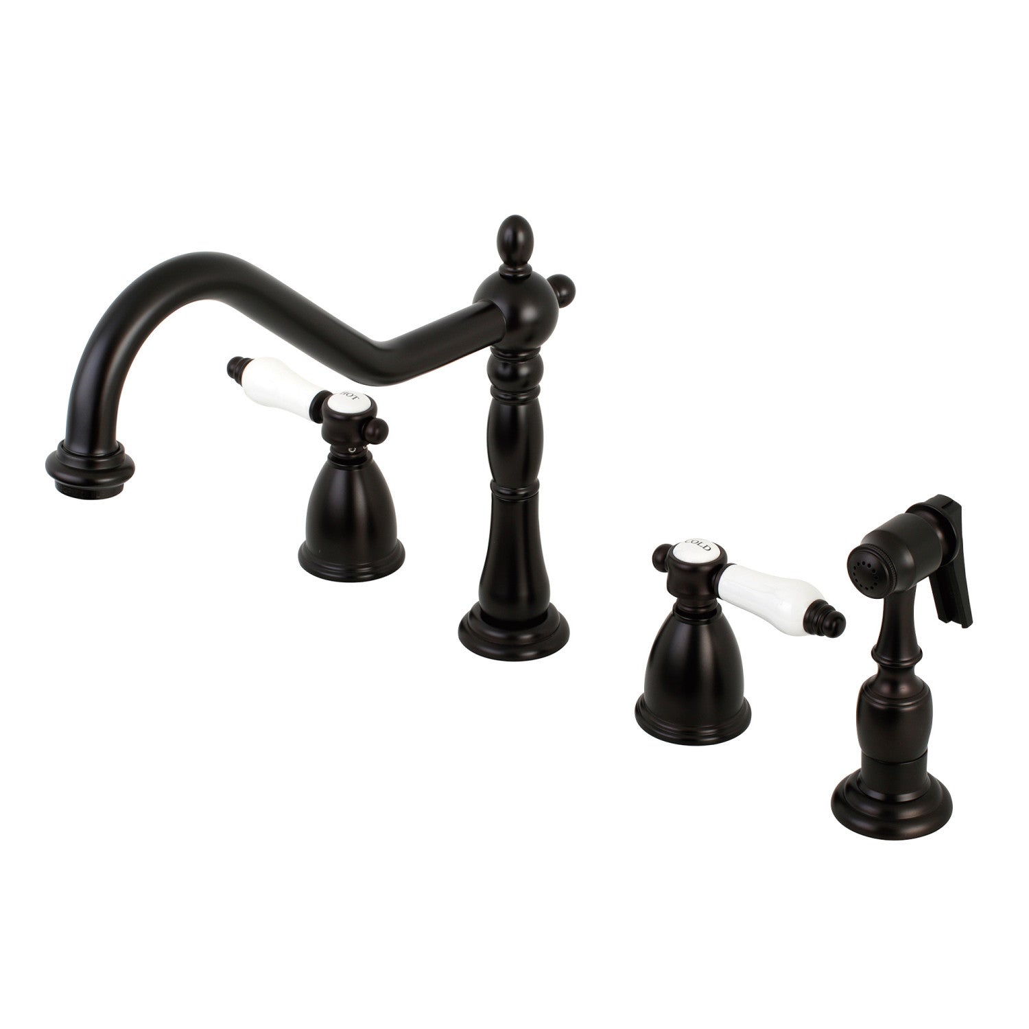Kingston Heirloom KB1795BPLBS - Robinet de cuisine à double poignée Bel-Air avec pulvérisateur en laiton, bronze frotté à l'huile