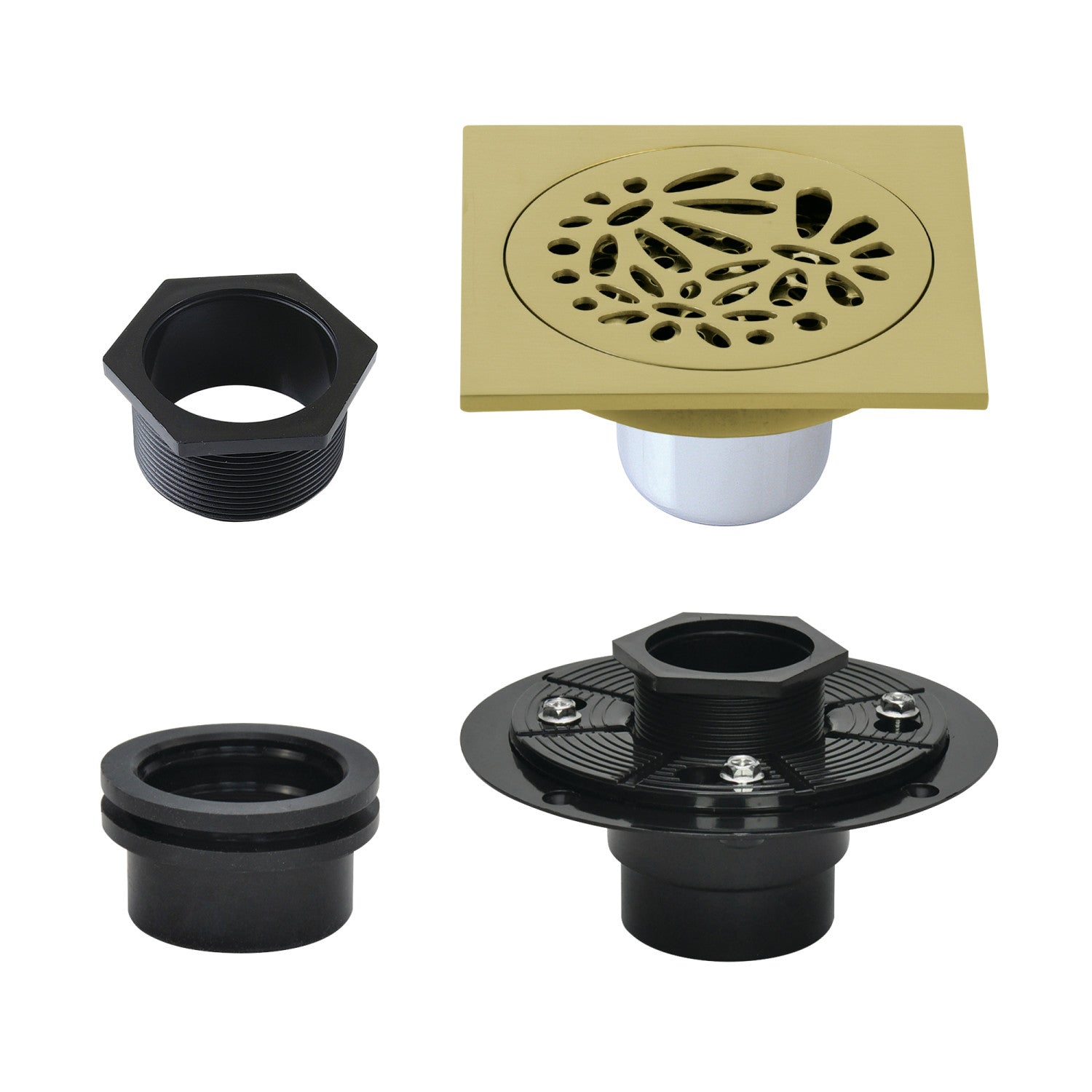 Kingston Watercourse BSFK6360BB 4-Inch Brass Square Grid Shower Drain with Hair Strainer and Base Flange, Brushed Brass