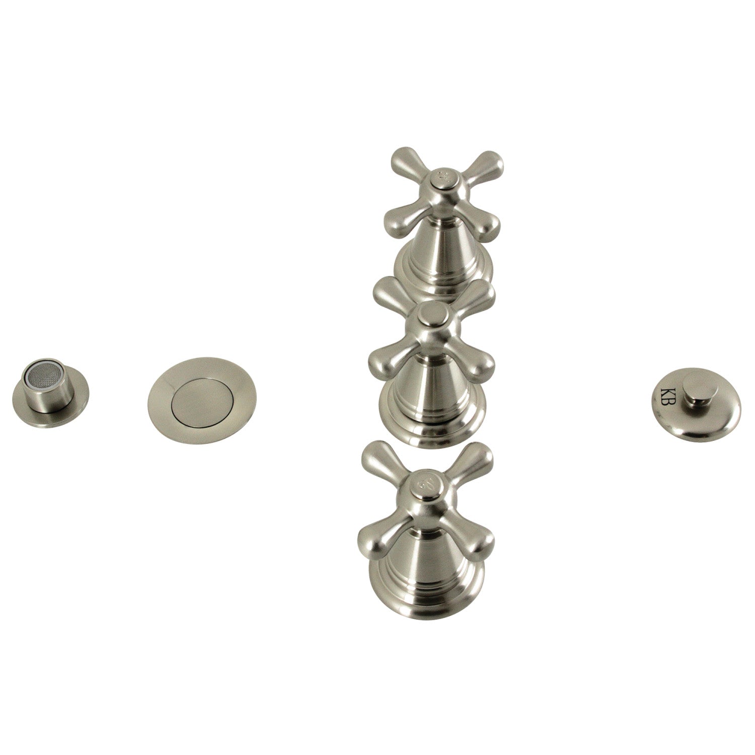 Kingston Heirloom KB328AX - Robinet de bidet vertical victorien à trois poignées avec couvercle en laiton, nickel brossé