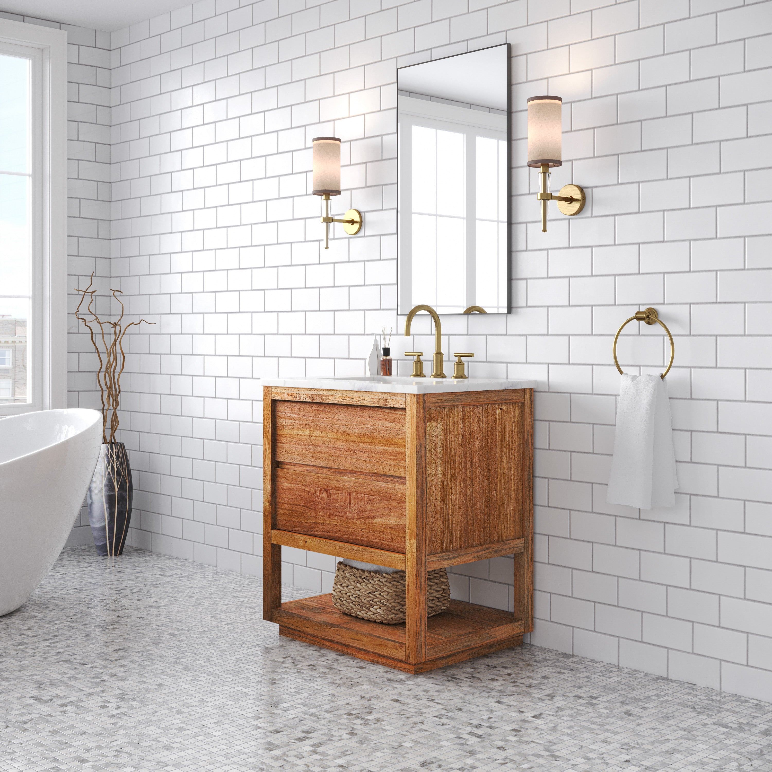 Kingston Luxe OA30CW00MW - 30 in. x 22 in. Bathroom Vanity Single Sink with White Marble Top and White Basin, Mango Wood