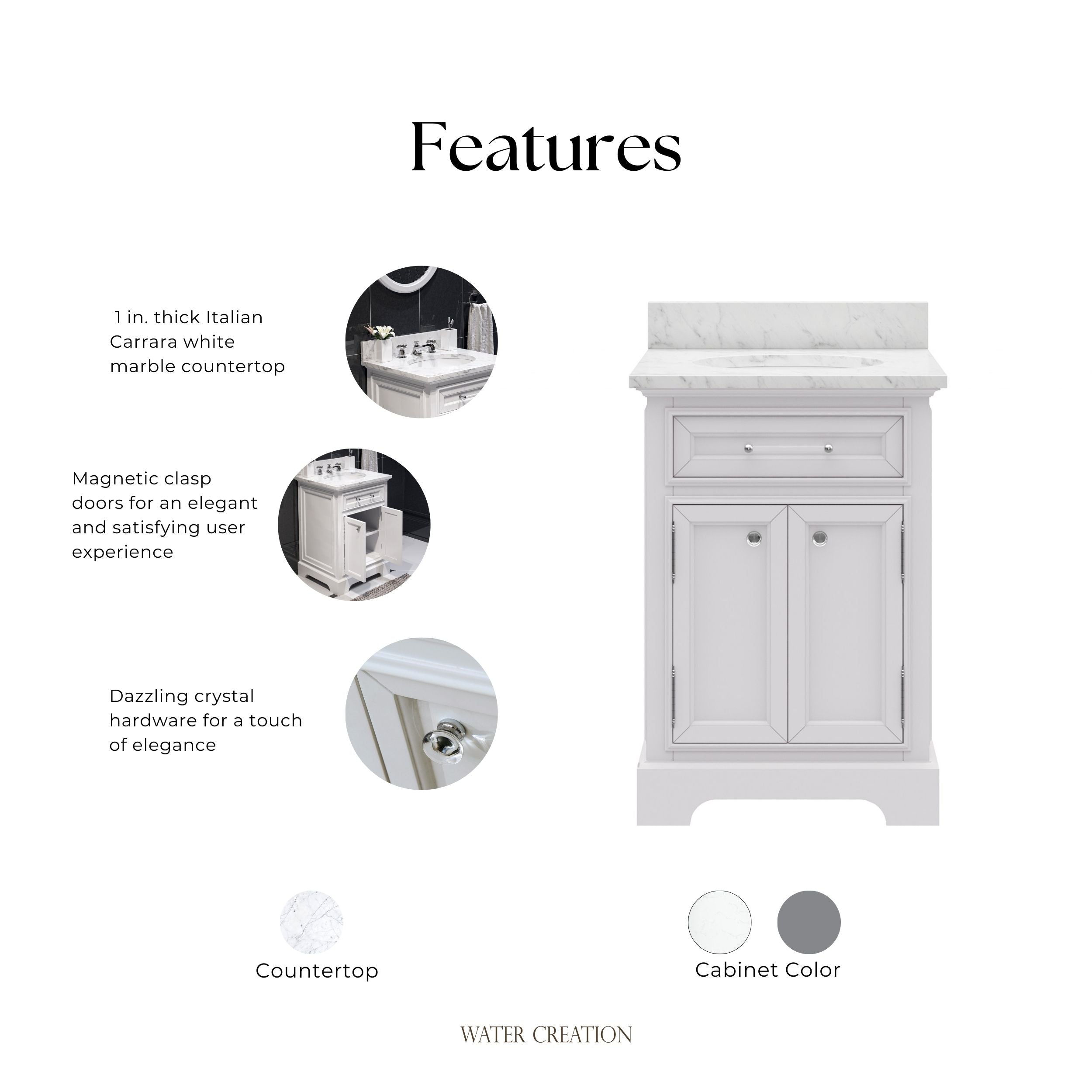 Kingston Luxe DE24CW01PW - 24 in. x 22 in. Bathroom Vanity Marble Top and White Basin, White