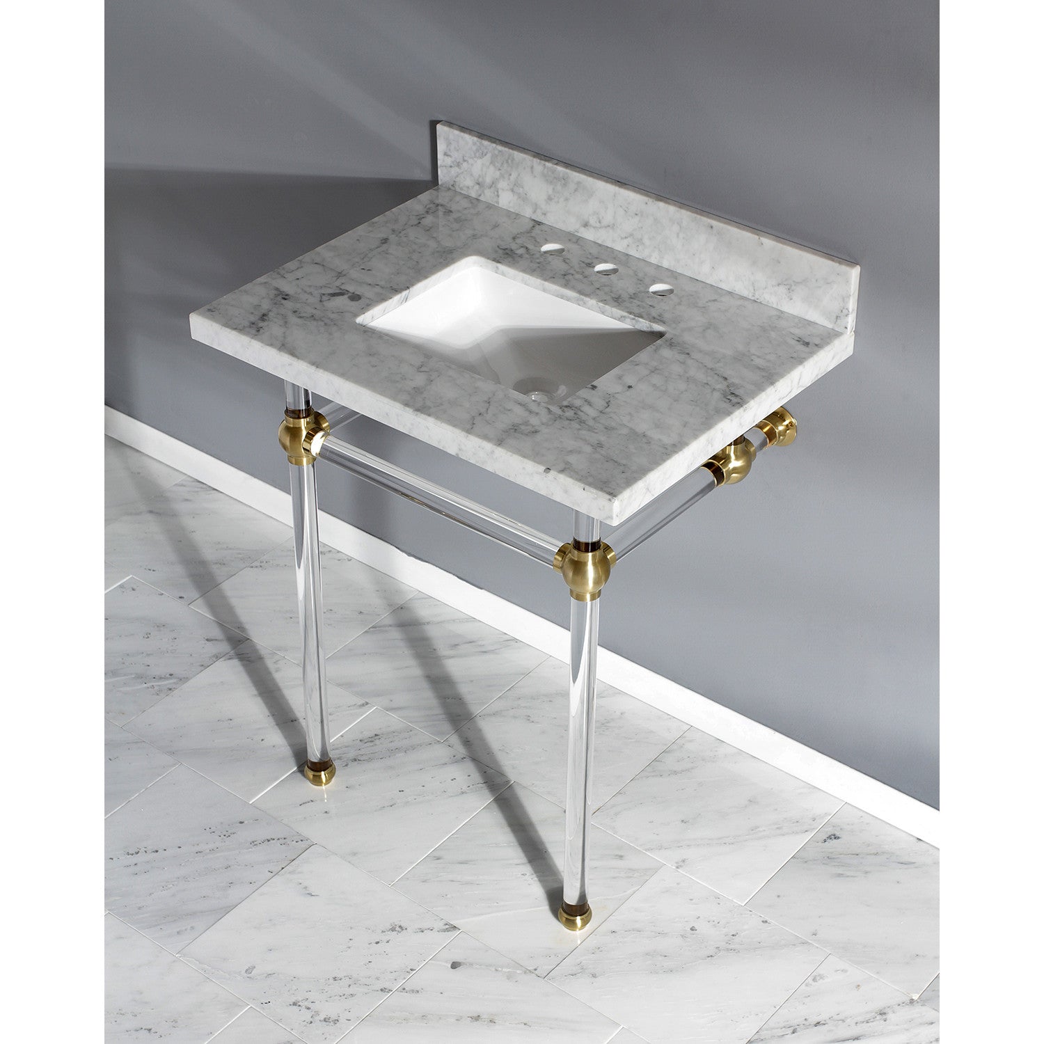 Kingston Tulare KVPB30MASQ7 - Templeton 30-Inch Carrara Marble Vanity Top with Acrylic Legs (8-Inch, 3-Hole), Carrara Marble White/Brushed Brass