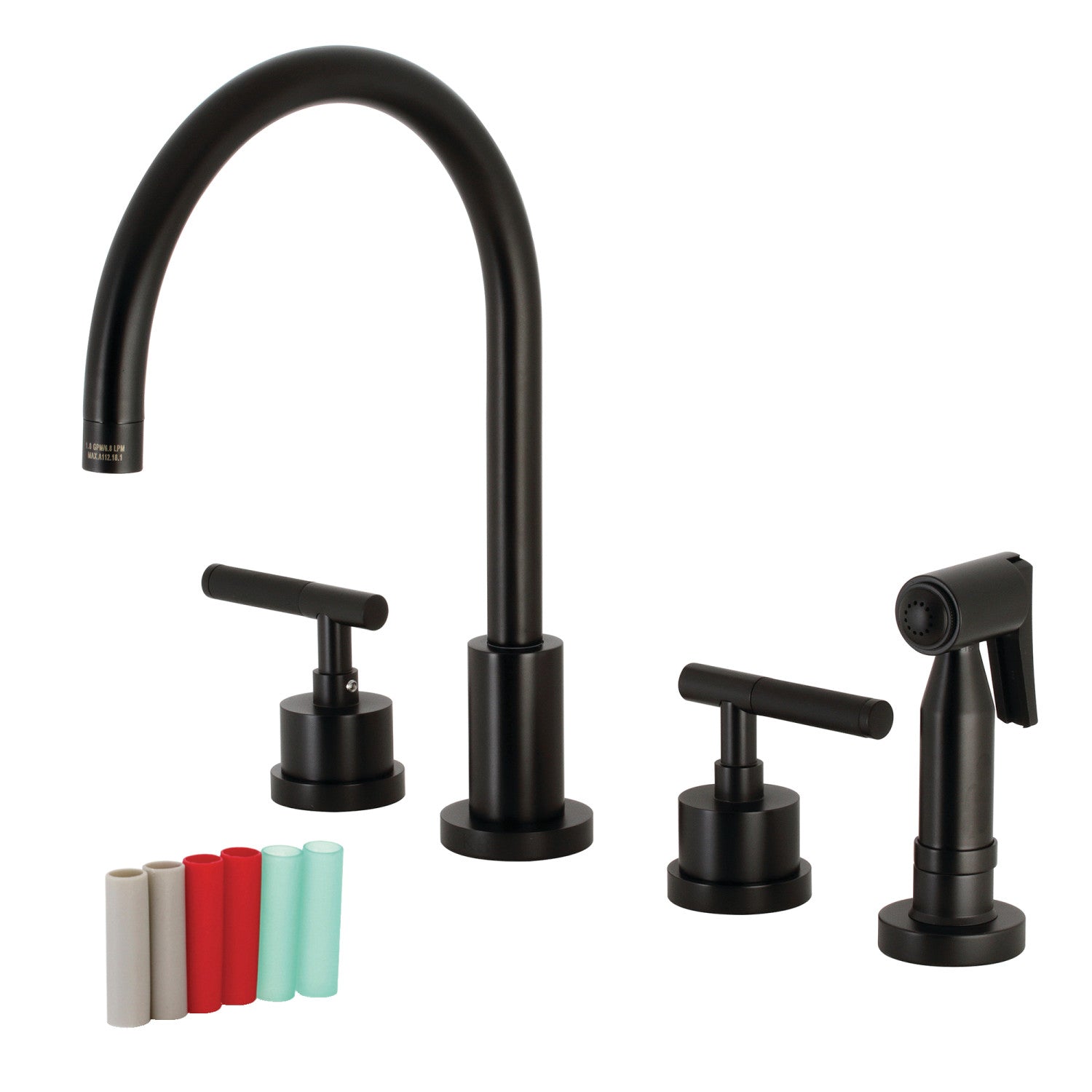 Kingston Sona KS8720CKLBS - Robinet de cuisine à double poignée Kaiser 4 trous avec pulvérisateur en laiton, noir mat