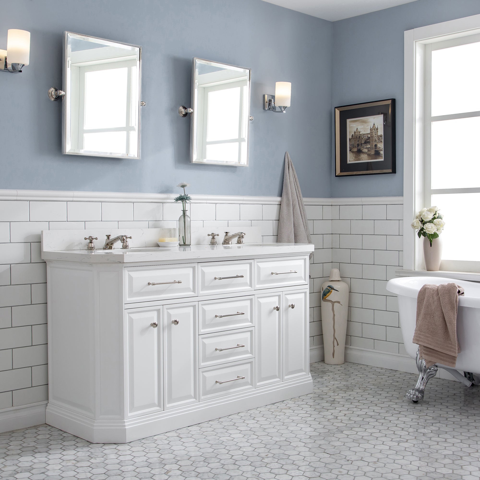 Kingston Luxe PA60QZ05PW - 60 in. x 22 in. Bathroom Vanity Quartz Top and White Basin, Pure White