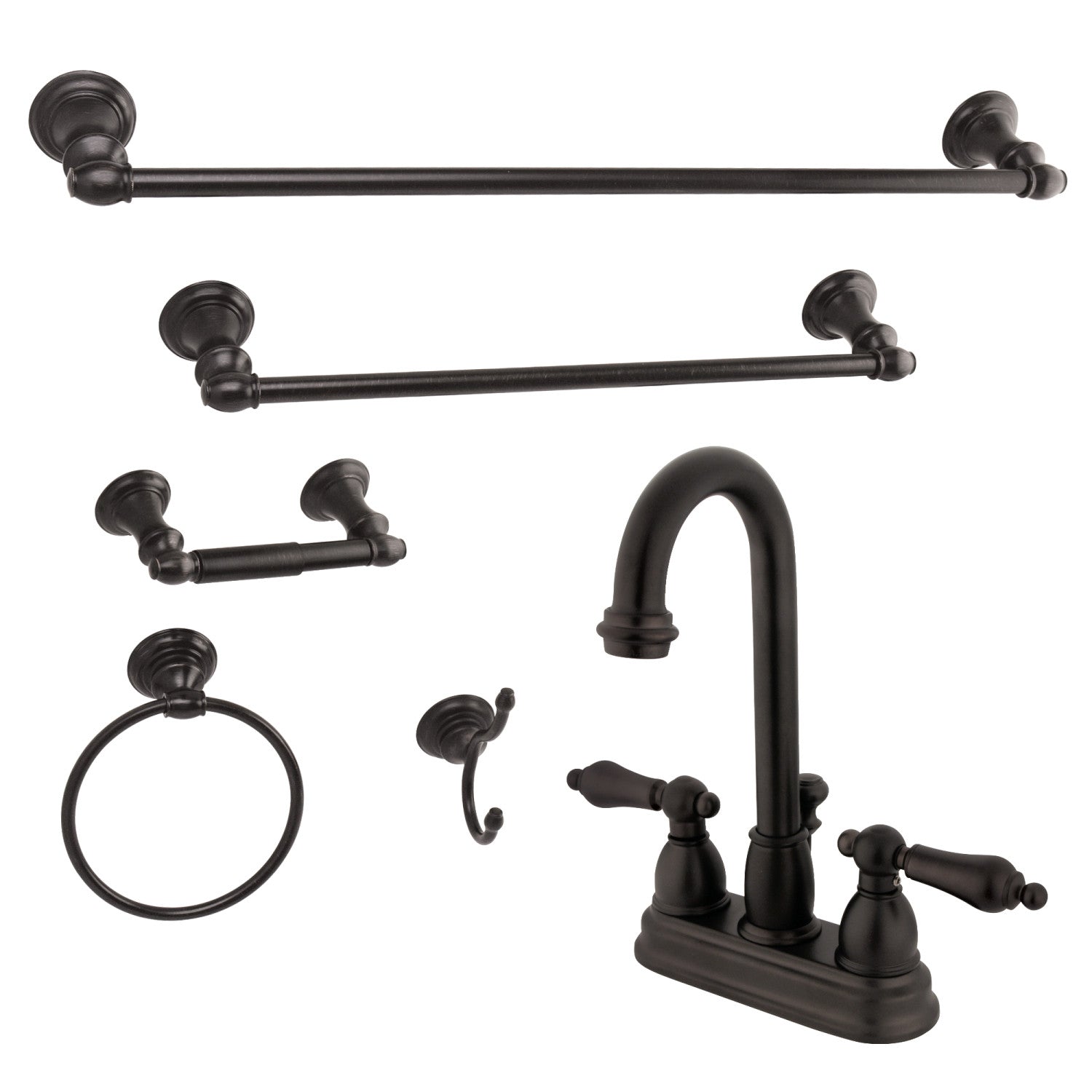 Kingston Heirloom KBK3615AL Double-Handle 3 trous montage sur plage 4-Inch Centerset Robinet de salle de bains avec kit d'accessoires de salle de bains 5-Piece, huile Rubbed Bronze