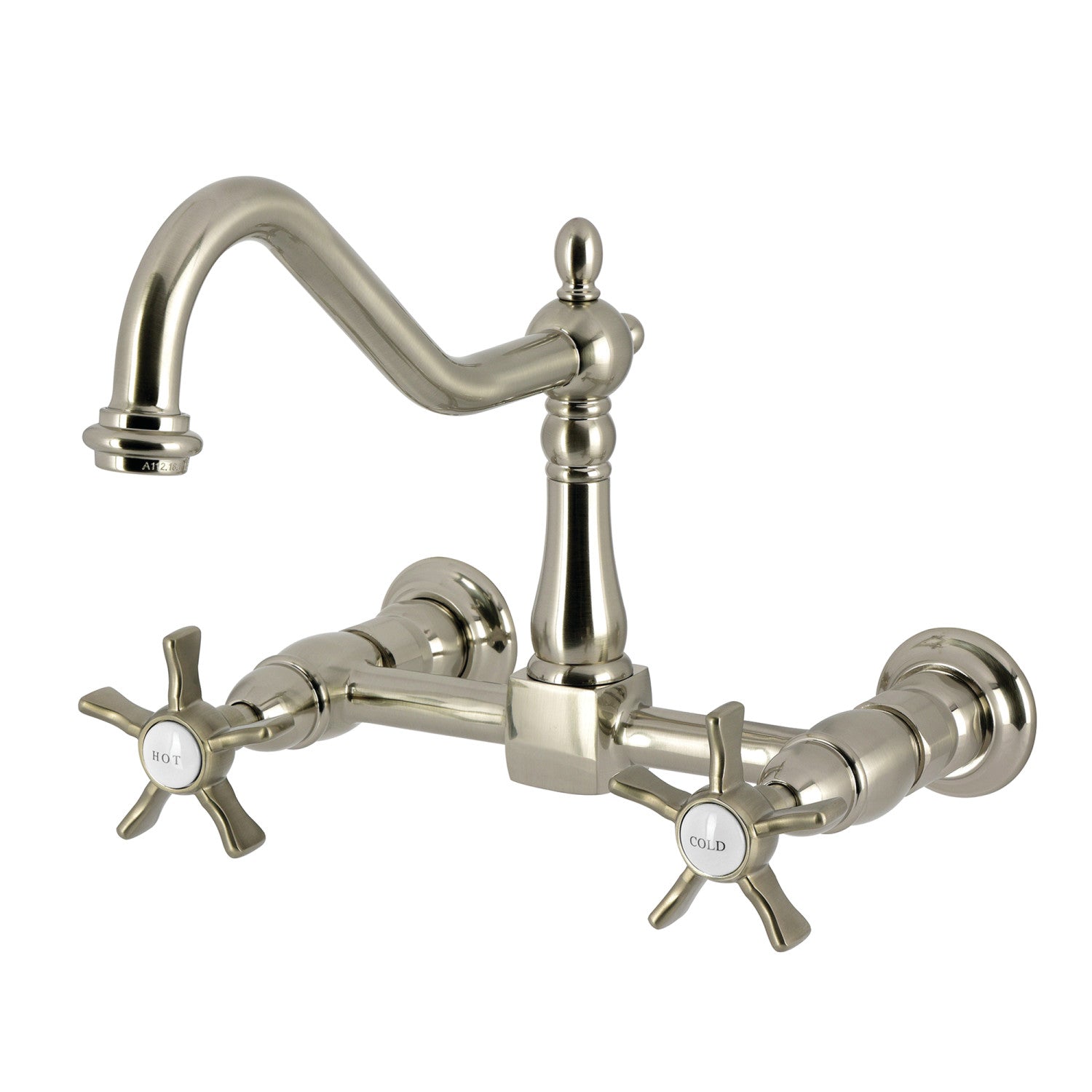 Kingston Heirloom KS1248NX - Robinet de cuisine à deux poignées 2 trous Wall Mount Bridge, nickel brossé