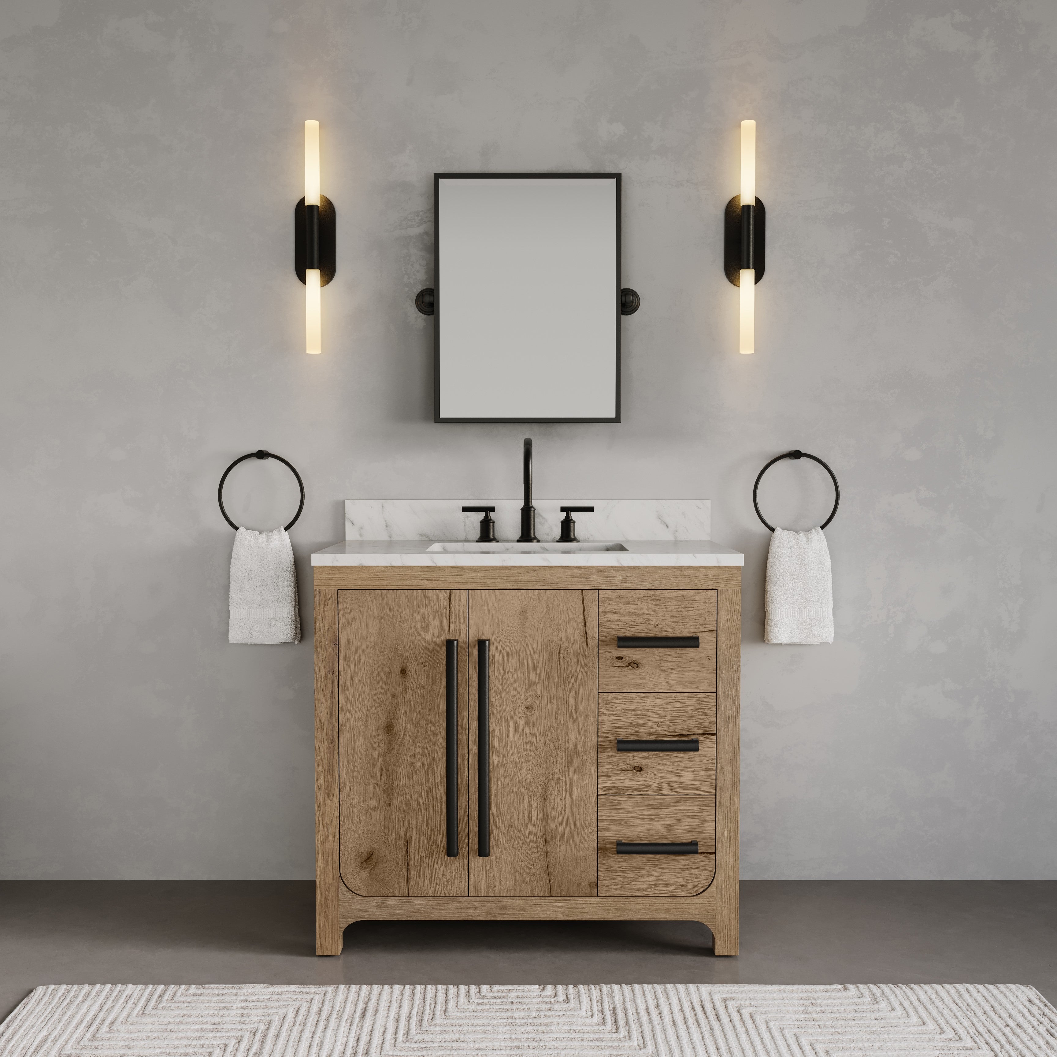 Kingston Luxe PE36EM07WO - 36 in. x 22 in. Bathroom Vanity Single Sink with Carrara White Engineered Stone Top, Weathered Oak