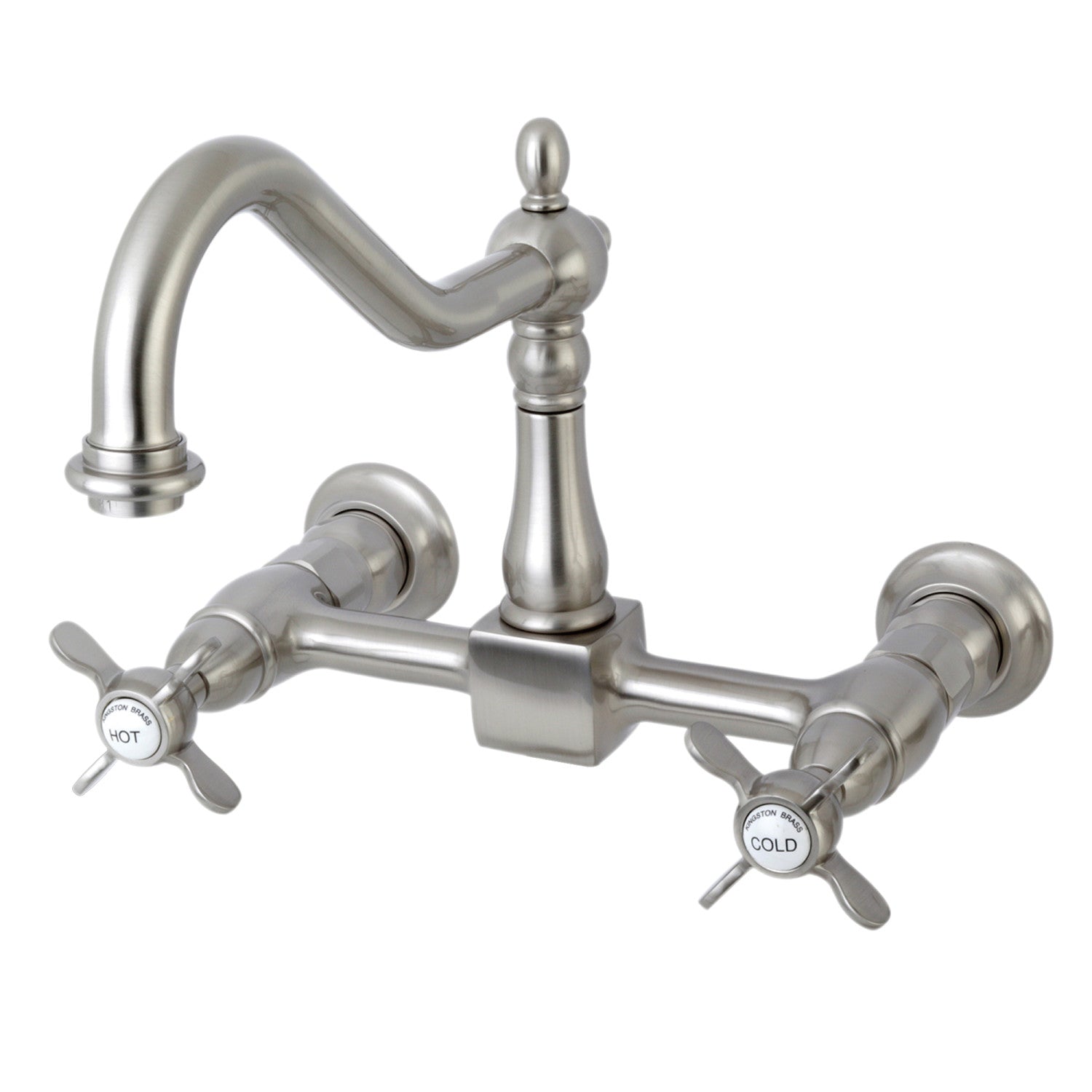 Kingston Heirloom KS1248BEX - Robinet de cuisine à deux poignées 2 trous Wall Mount Bridge, nickel brossé