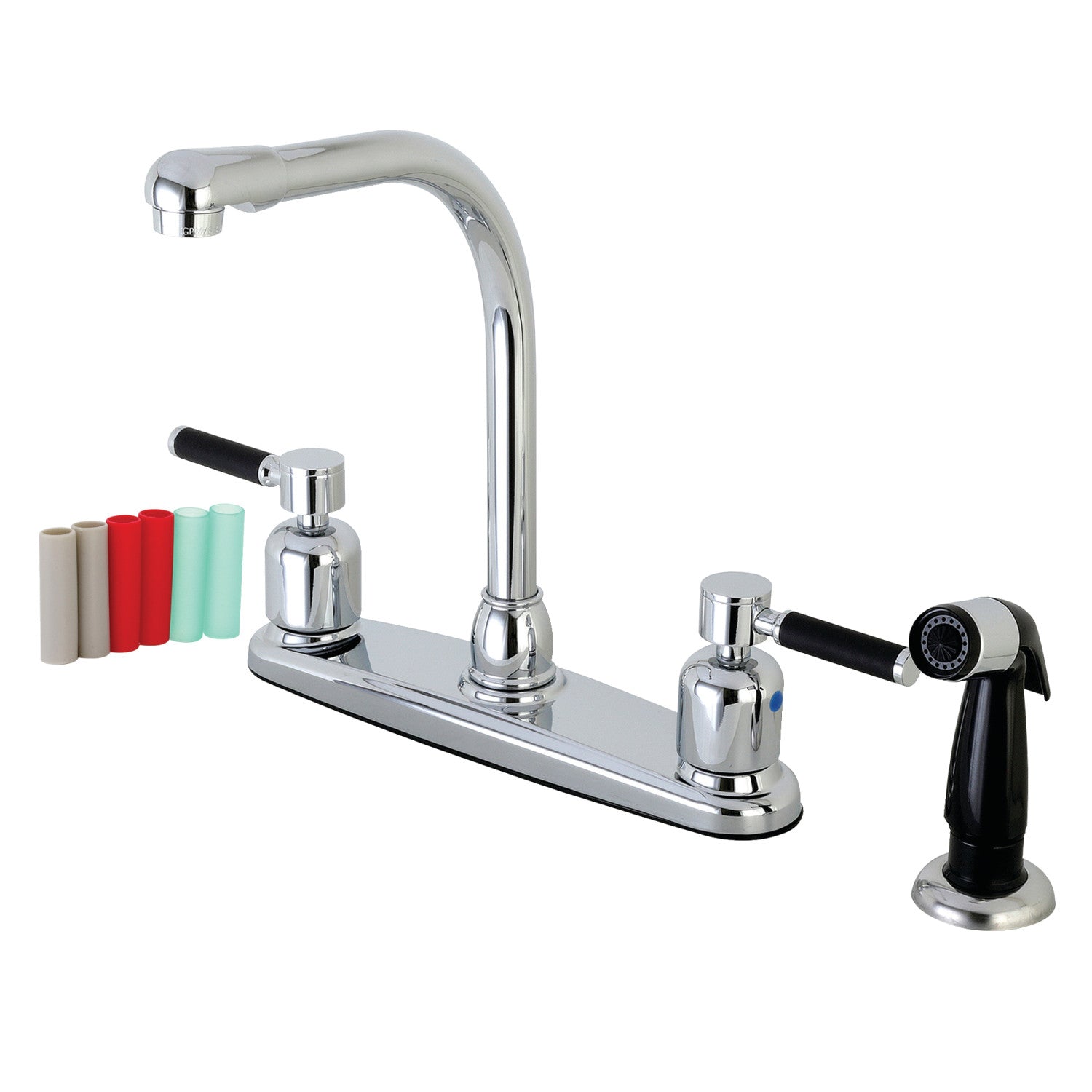 Kingston Kaiser FB751DKL Robinet de cuisine à deux poignées 4 trous 8" Centerset avec pulvérisateur latéral, chrome poli